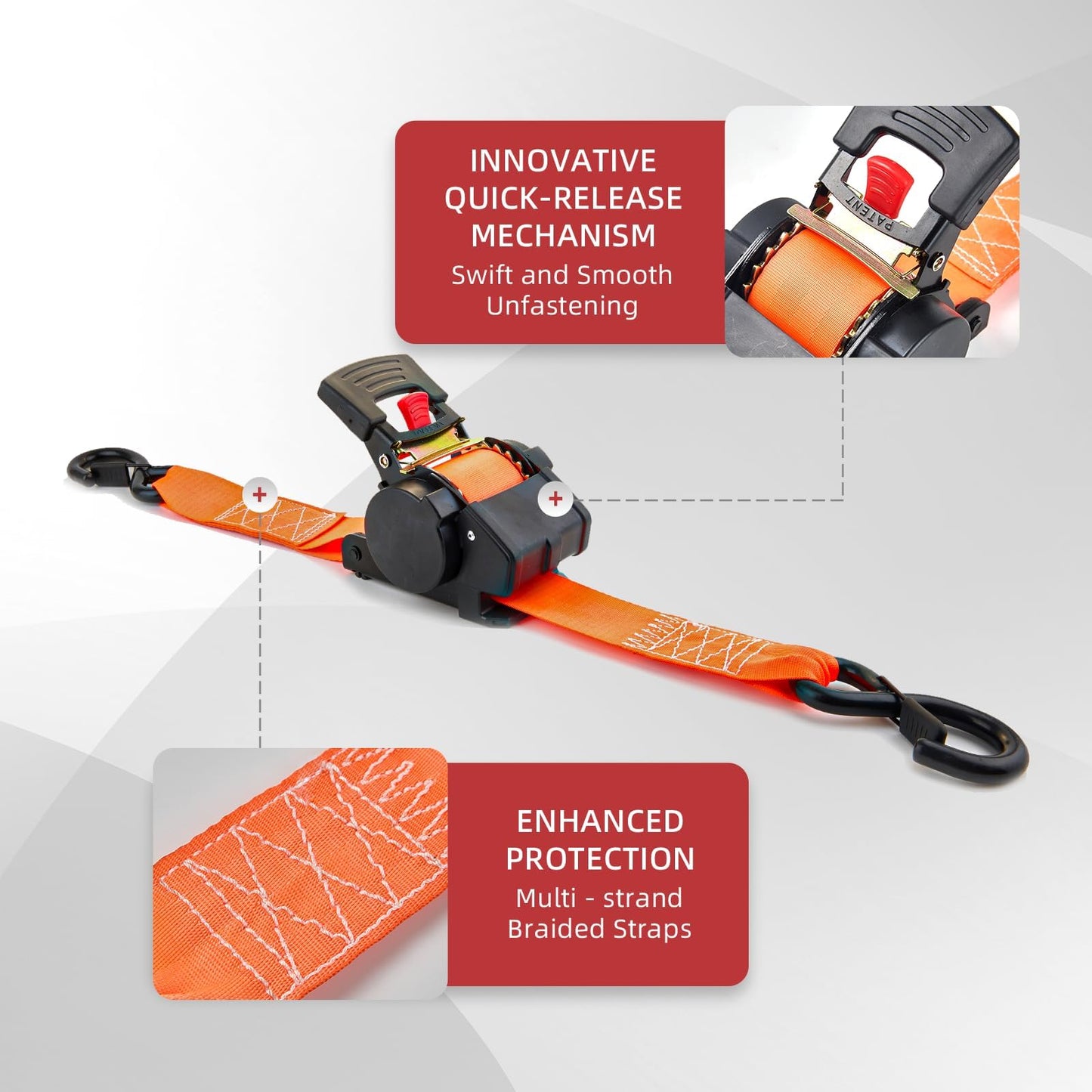 Auto Retractable Ratchet Straps 1800 lbs, 1in × 10ft Self-Retracting Tie Down Straps with Zinc S-Hooks, Heavy Duty Cargo Tie Downs for Trucks, Trailers & Roof Racks, 2 Pack, Orange, Damped Rewind