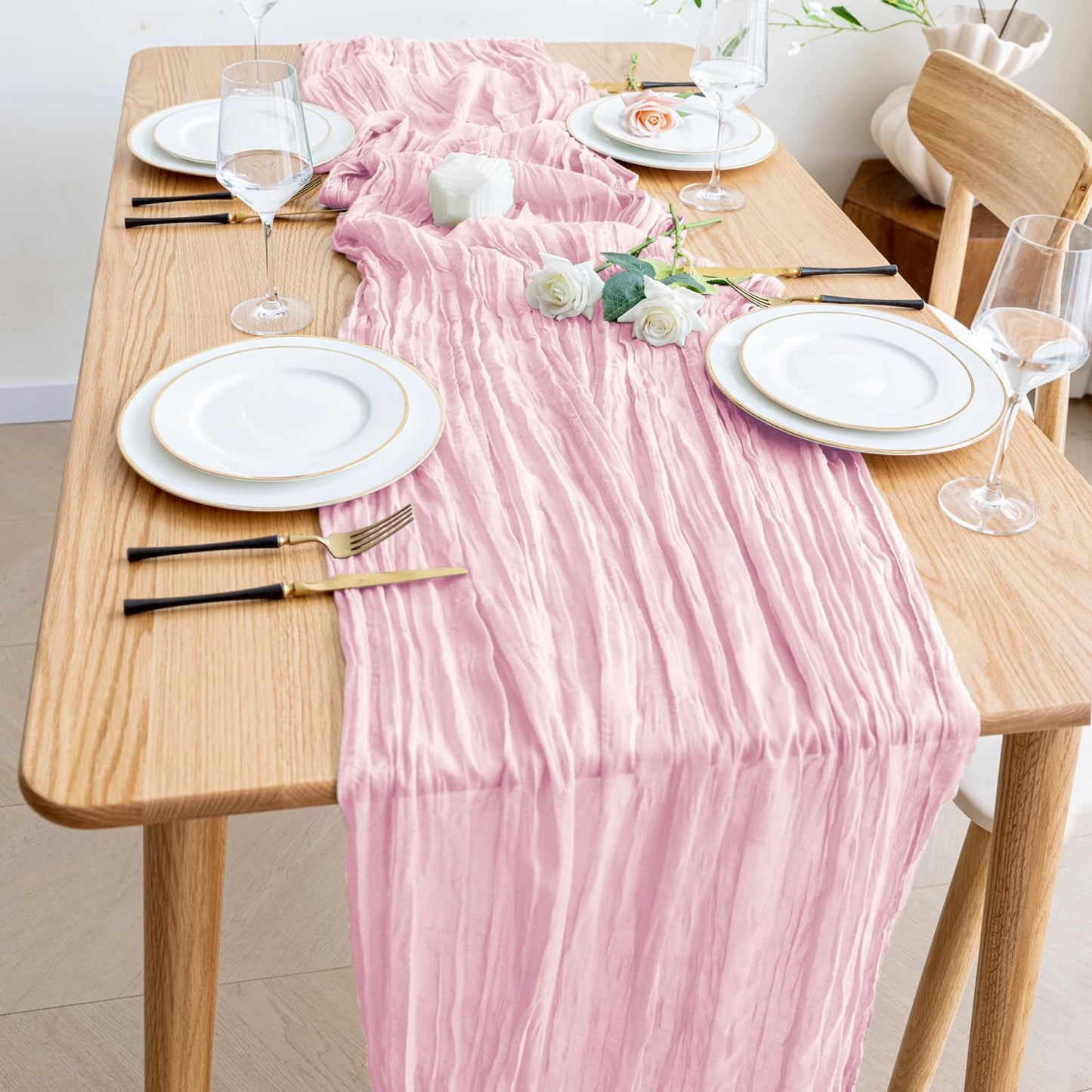 Wokceer Cheesecloth Table Runner 4Pack 10FT Blushing Pink Christmas Gauze Cheese Cloth Table Runner for Party Easter Rustic Sheer Table Runners for Baby Bridal Shower Wedding