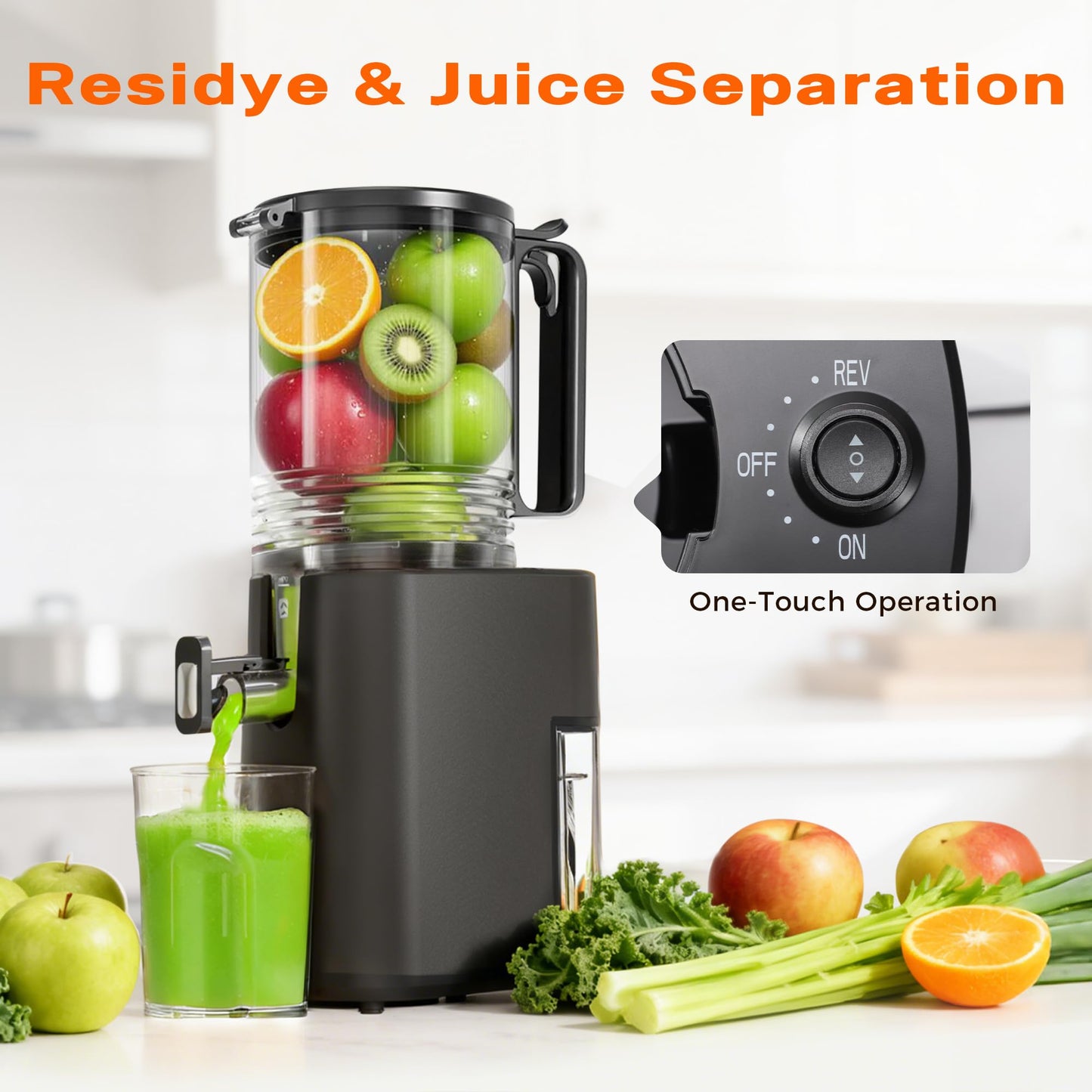 Cold Press Juicer with 5.5" Wide Feed Chute, Slow Masticating Juicer Machine for Whole Fruits & Vegetables, High Juice Yield, Gray