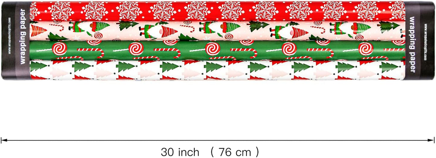 WRAPAHOLIC Christmas Wrapping Paper Roll - Jumbo 30 Inch Gnome Elf Holiday Collection | 4 Rolls, Red, Green, Pink