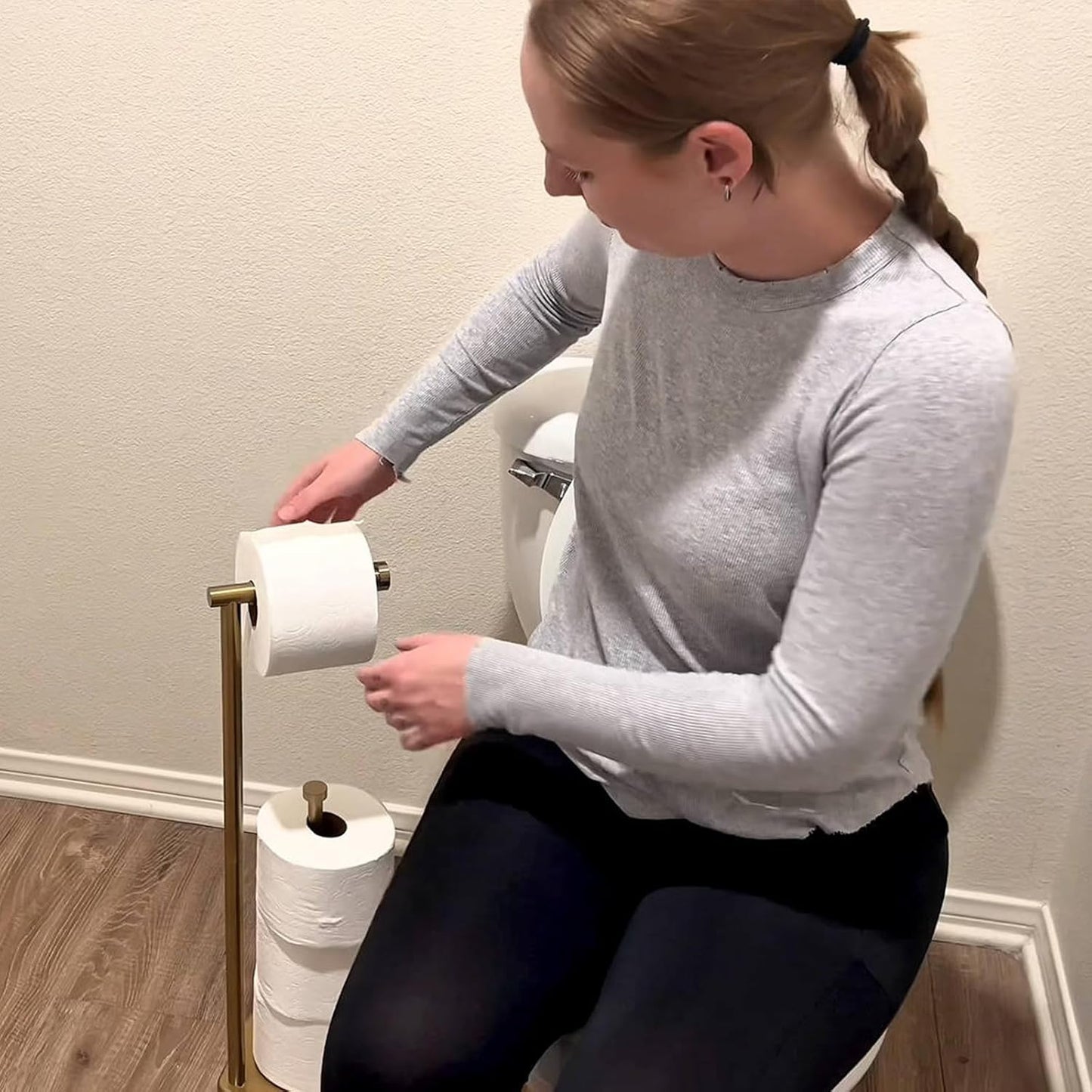 Theaoo Heavy-Duty Toilet Paper Holder Stand - Modern Freestanding Stainless Steel Tissue Roll Holder (Gold)