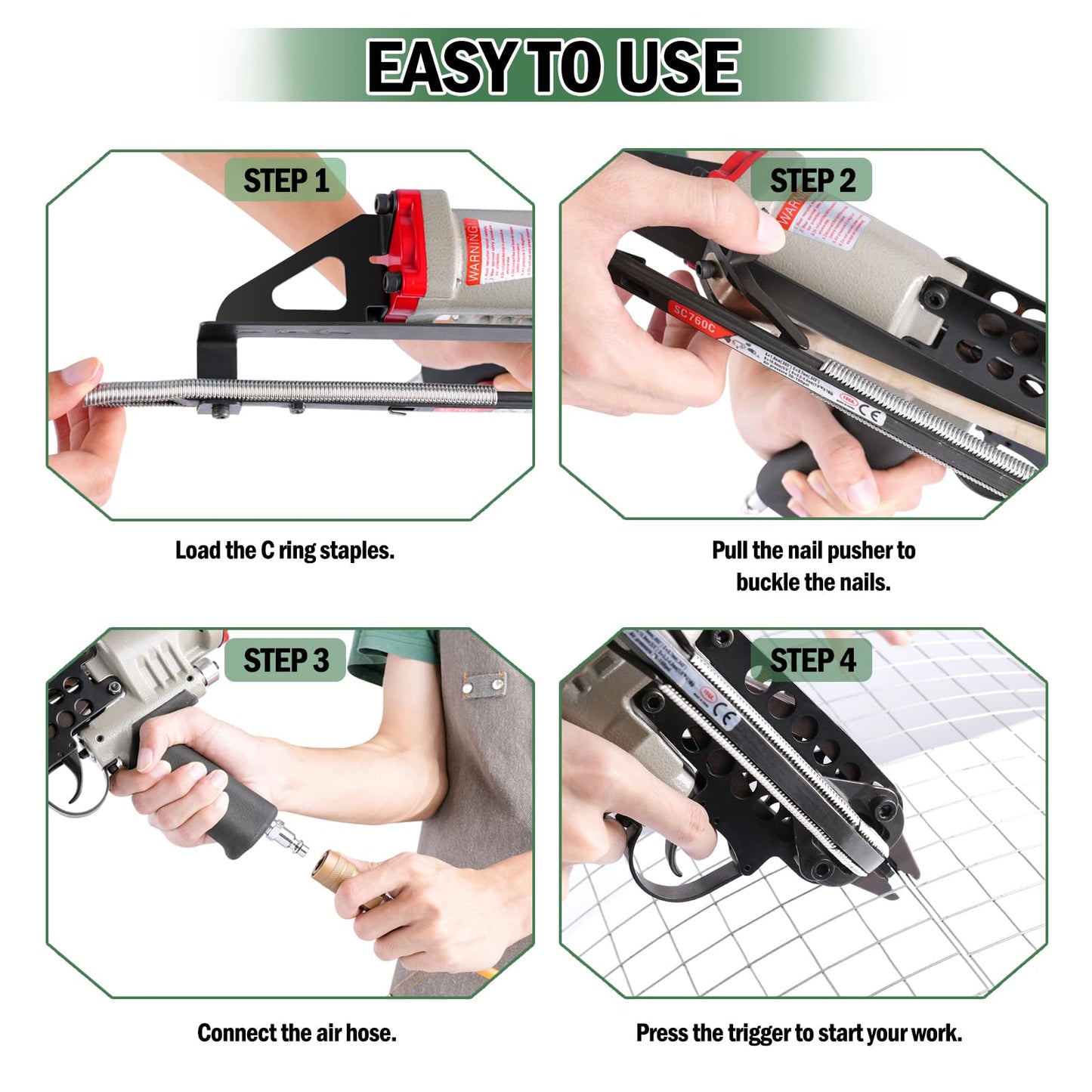 16 Gauge 1/2-Inch Pneumatic Hog Ring Gun with 1,000 C-Ring Staples Kit 3.0mm-4.8mm Closure Hog Ring Plier Tool