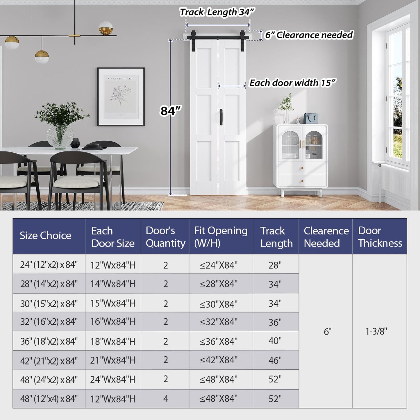 FREDBECK 30X84(Double 15x84) White Bifold Barn Door Sliding Bi fold Doors Bi-fold Folding with 34" Hardware Kit & Handle,Solid MDF Door with Water-Proof PVC Surface for Closet,Assembly Required