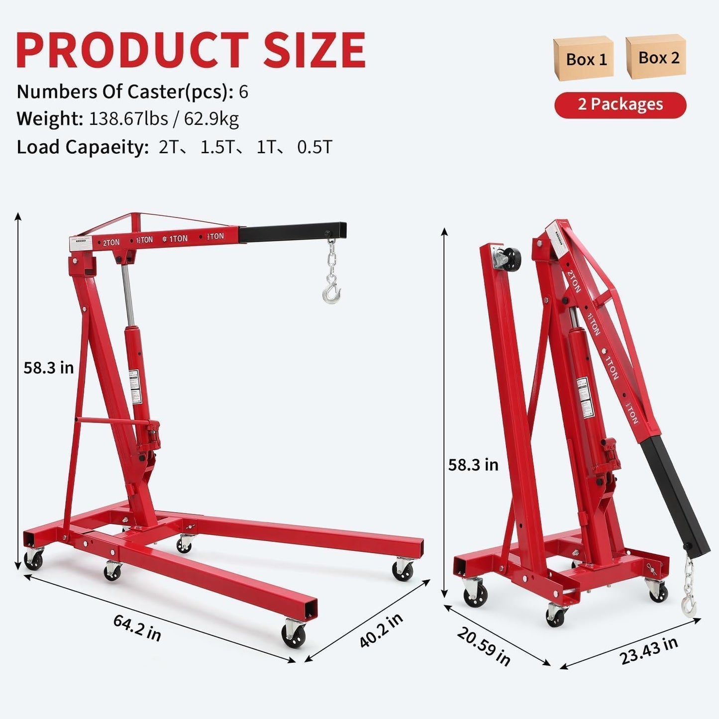 ActiveTrail 2 Ton Folding Hydraulic Engine Hoist, Load Leveler, 4400 LBS Capacity, Heavy Duty Cherry Picker, 6 Swivel Wheels, Hydraulic Pump Adjustable Boom (0.5t-2t) for Garage Workshop Warehouse