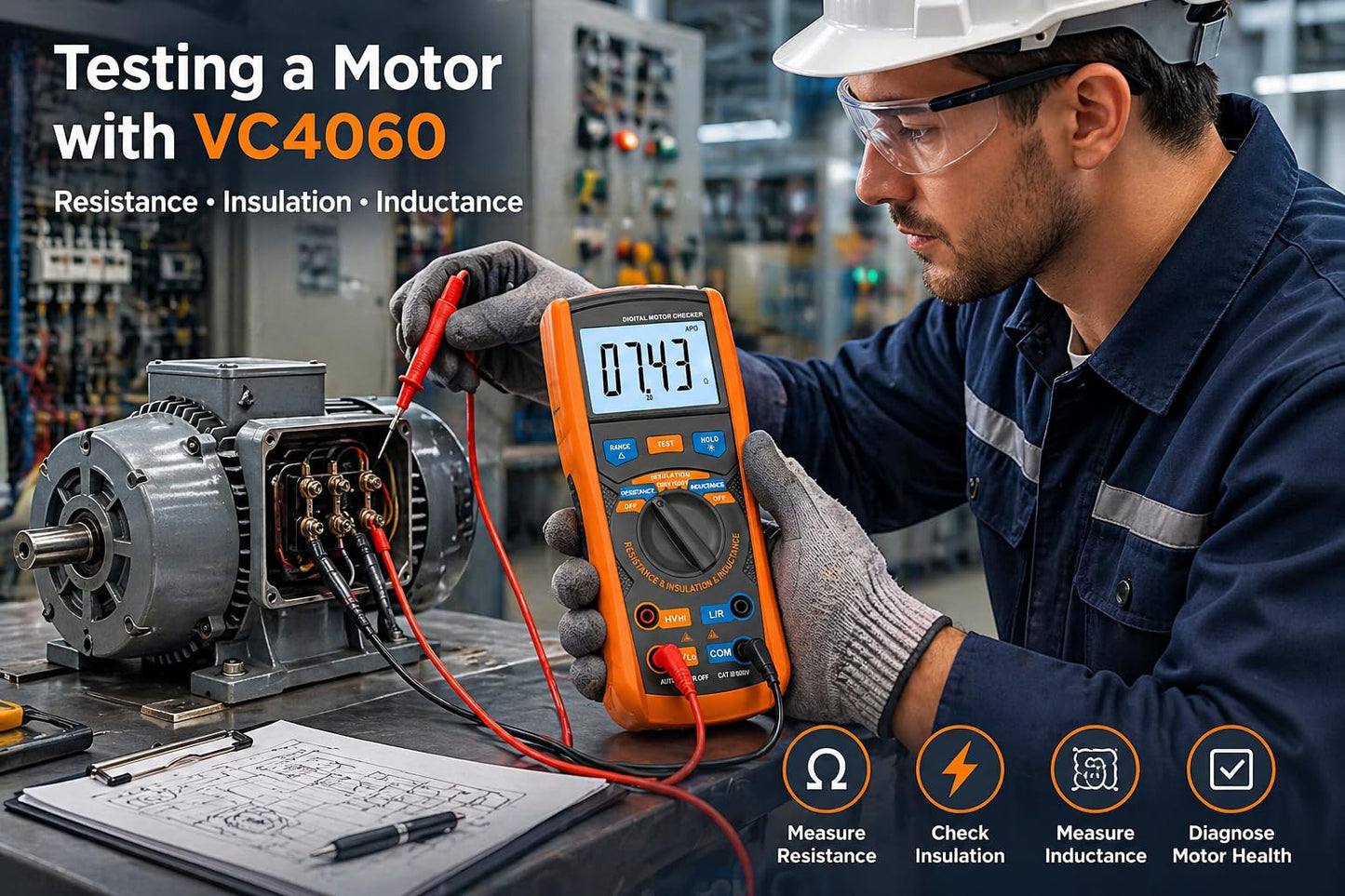 VC4060 Digital Motor Checker Insulation Tester, 3-in-1 Professional Inductance Milliohm Meter Megohmmeter for EV Auto Repair, Coil & Winding Resistance CAT III with Calibration Certificate