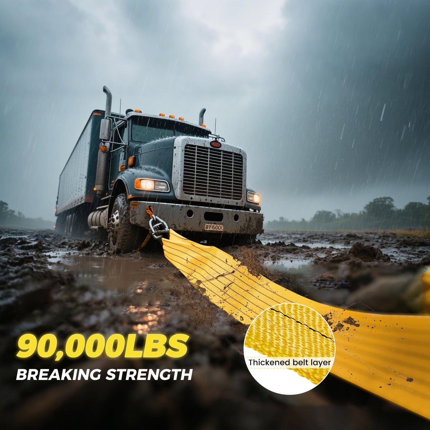 Heavy Duty Recovery Tow Strap 20ft x 7.1 Inch - 90,000lbs Break Strength (50 US Tons),Tow Rope for Trucks, Jeeps, SUV, Tractor, Van, Bus, RV & Off-Road Vehicle Recovery