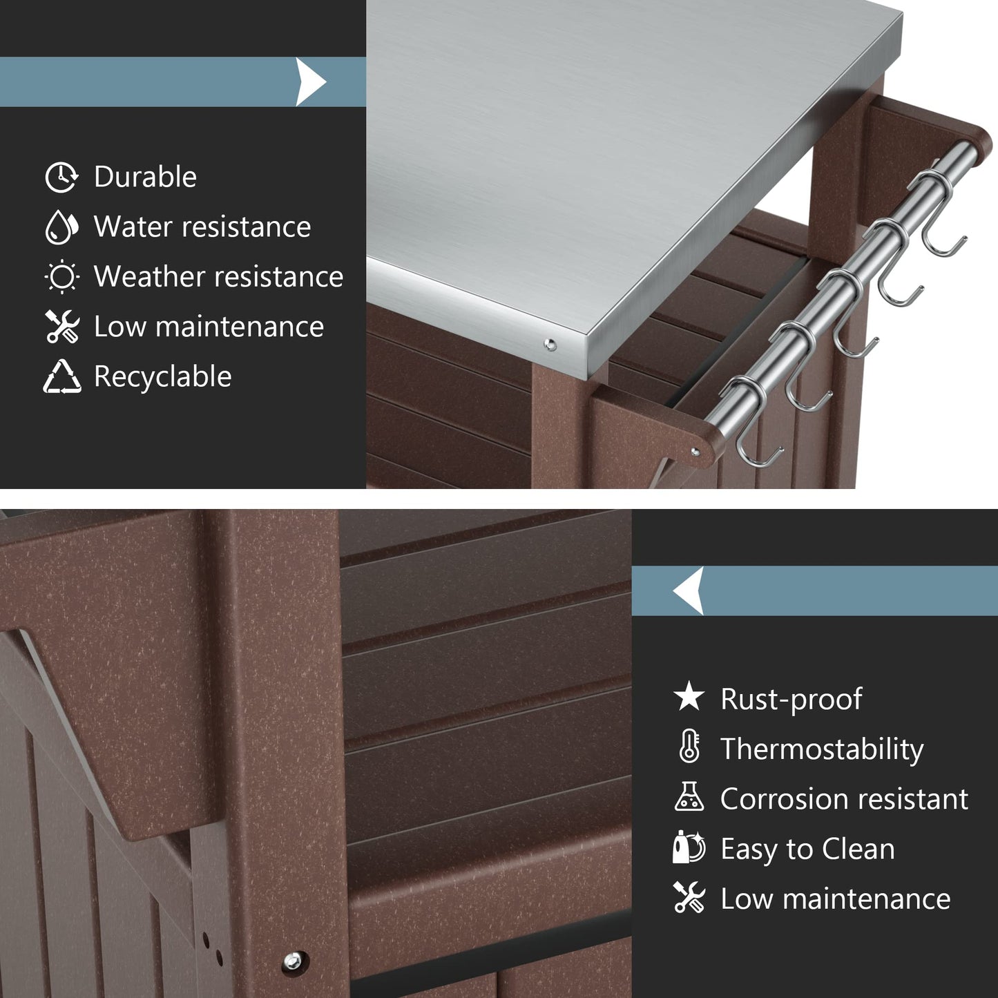 KORVOS Kitchen Portable Outdoor Grill Cart, Patio Movable Bar Cart with 304 Stainless Steel Top&HDPE Frame, BBQ Table for Indoor,Outdoor&All Weather Use, Brown