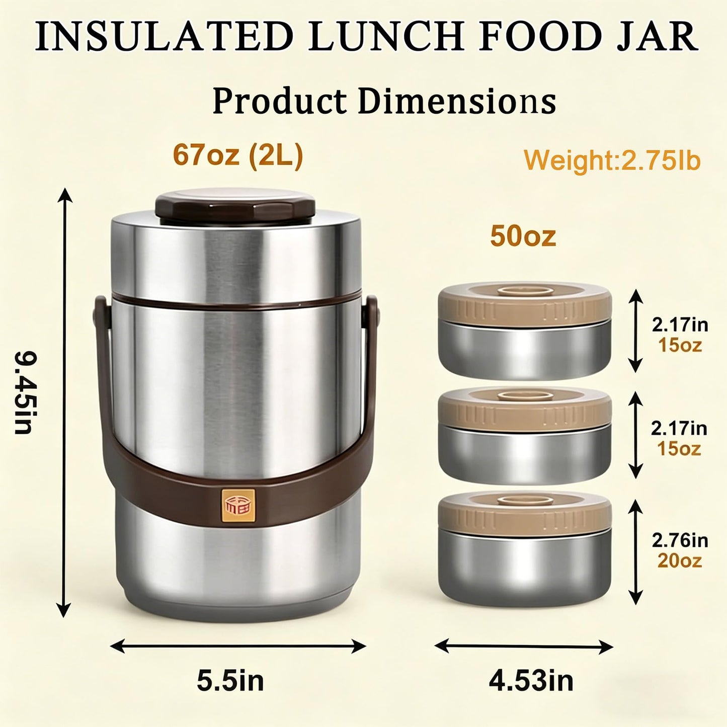 67oz Adults Stainless Steel Vacuum Insulated Thermal Lunch Box, 3 Tier Stackable Sealed Leak-Proof Wide Mouth Portable Bento Food Container, Hot Food Thermo Jar for Soup Office & Outdoor (Silver)