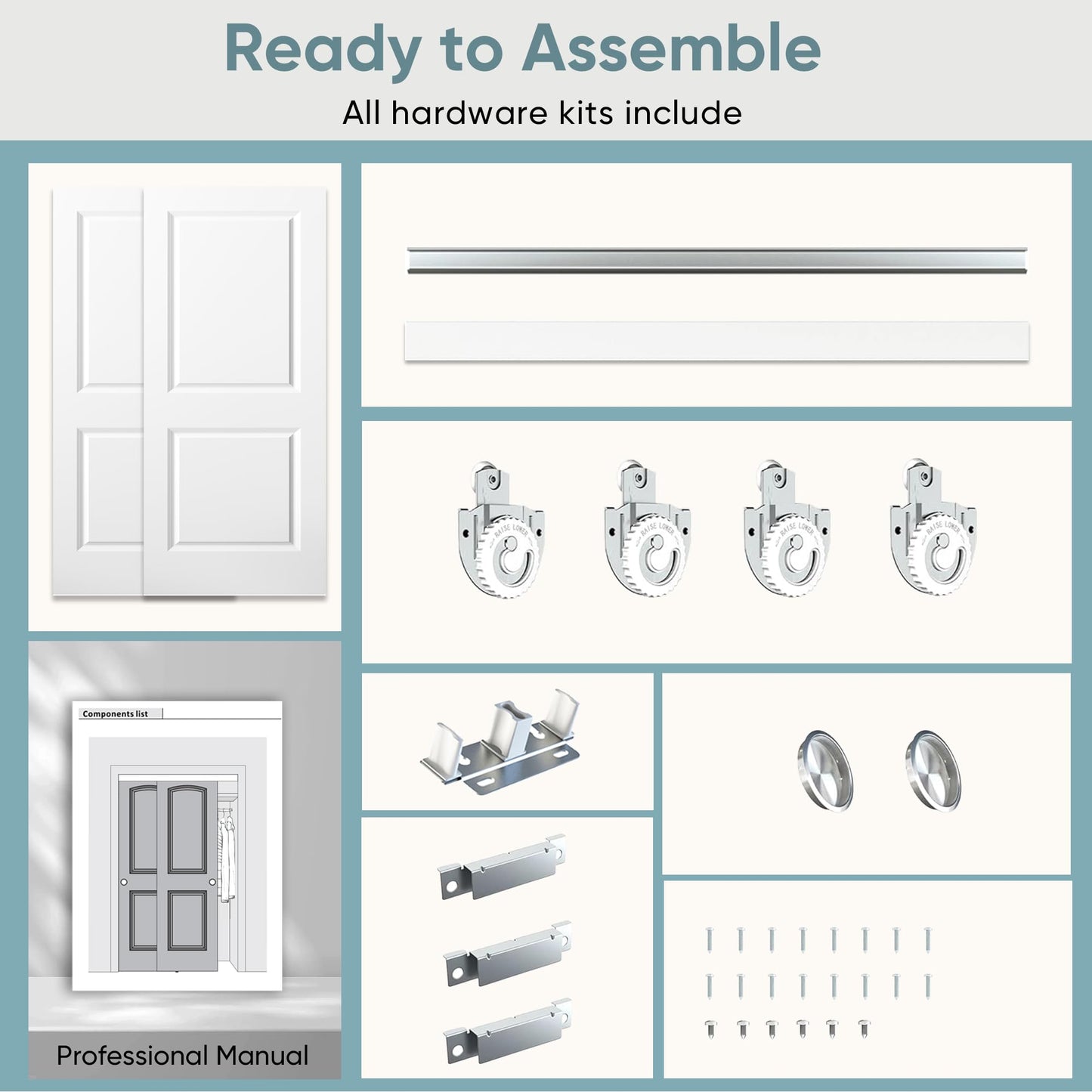 JUBEST 72x80 in Sliding Closet Door, Raised 2-Panel Square Top White Primed Hollow Core Door Slab with Hardware Kits & Matching Fascia, Pre-drilled & Paintable, Space-Saving for Bedroom Laundry