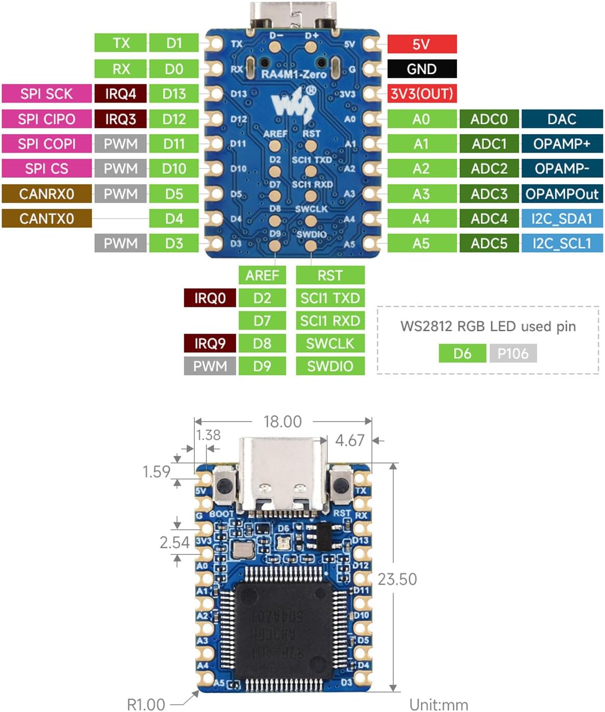 waveshare RA4M1-Zero 32-Bit MCU-RA4M1, 48MHz Mini Development Board, Based on Operating Frequency, Built-in FPU