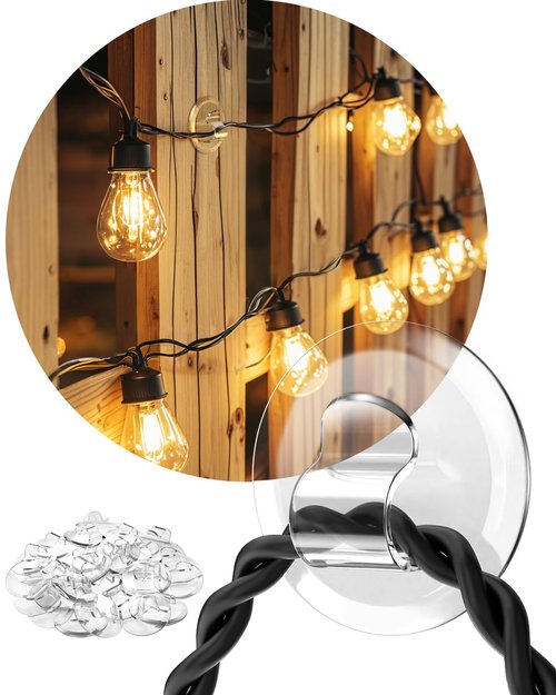 ispneay Light Clips for Outside String Lights: 24 Pack Adhesive Hooks for Outdoor String Lights - Outdoor Light Clips for Patio Balcony Fence - Rope Led Light Strip Christmas Decor Hooks