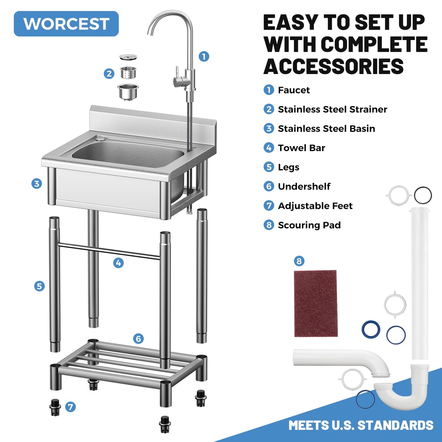 Utility Sink Free Standing Single Bowl Kitchen Sink with Cold and Hot Water Pipe Stainless Steel Sink for Garage Shop Laundry Room Basement Garden Farmhouse Mens Gifts Ourdoor Indoor fregadero