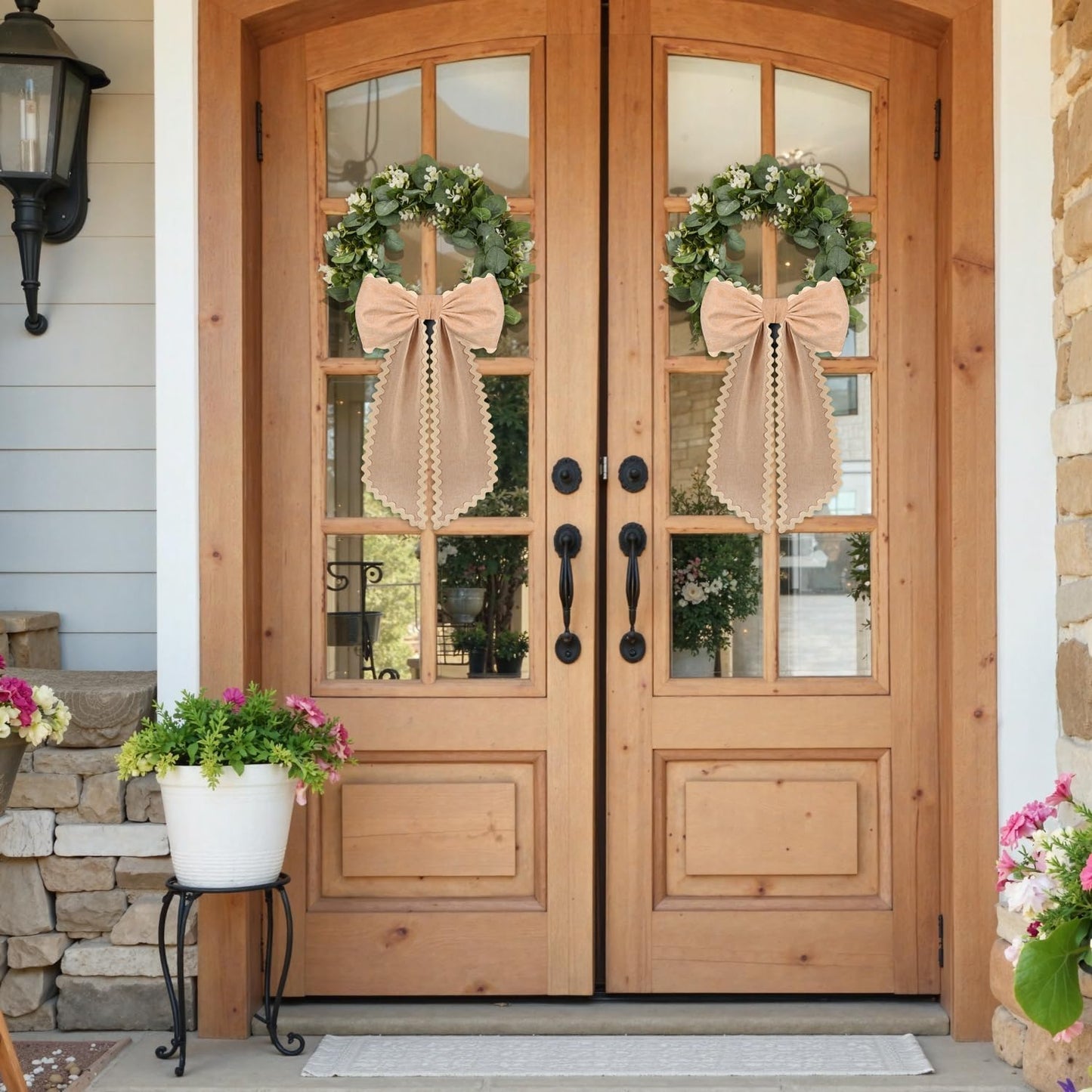 Skiennix Scalloped Wreath Sash - Ruffle Ribbon Bow for Front Door & Yard Decor | Burlap, 2 Pcs