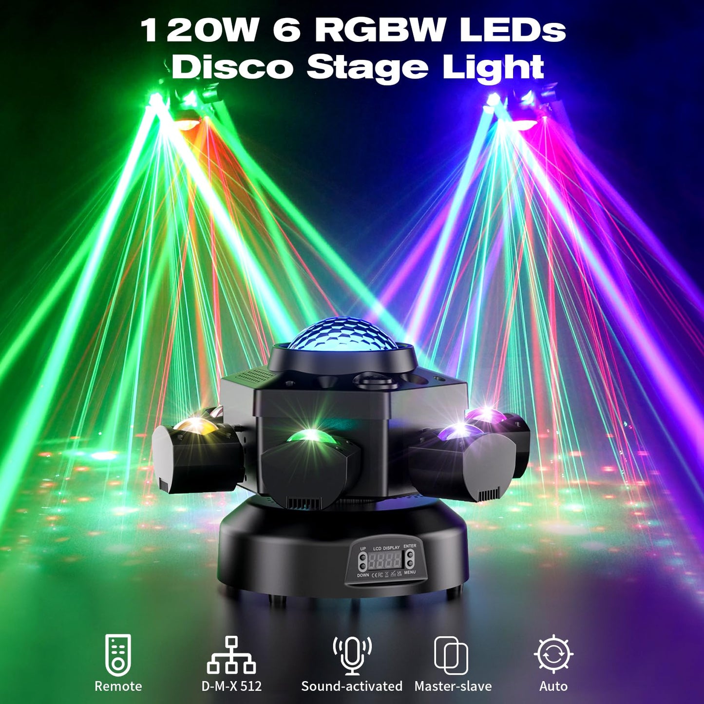 6-Arm Moving Head DJ Lights, 120W RGBW 4-in-1 Stage Lights with Kaleidoscope Magic Ball Effect, Starry Laser Effects, White/Golden Strobe, 540° Rotation, DMX512 Sound Activated Remote for Disco DJ Bar