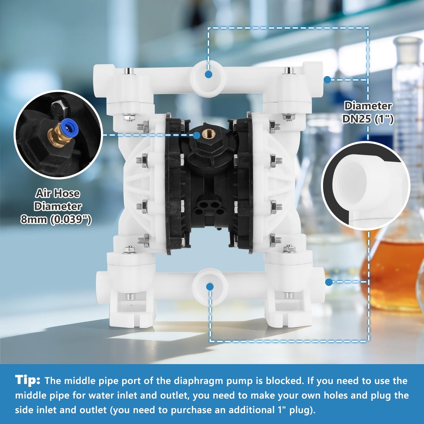 MXBAOHENG 15GPM Air Operated Double PTFE Diaphragm Pump, 100PSI Air Driven Diaphragm Pump, 898GPH Polypropylene Pneumatic Dual Diaphram Pump, for Waste Oil, Chemicals (56.67L/min)