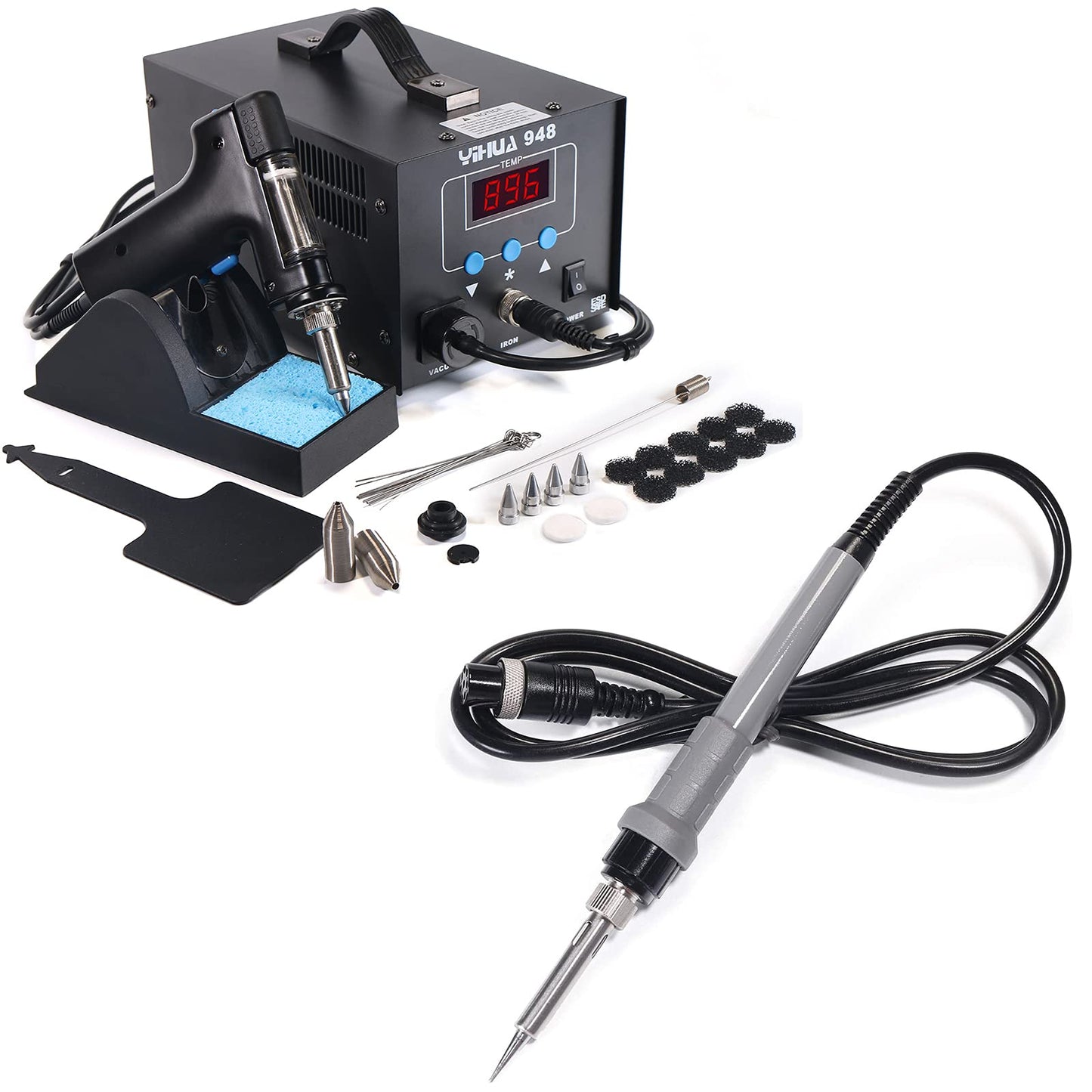 YIHUA 948 Professional Desoldering Station bundle with the YIHUA #948A Replacement Soldering Iron Handpiece/Handle, and Accessories (28 Items)