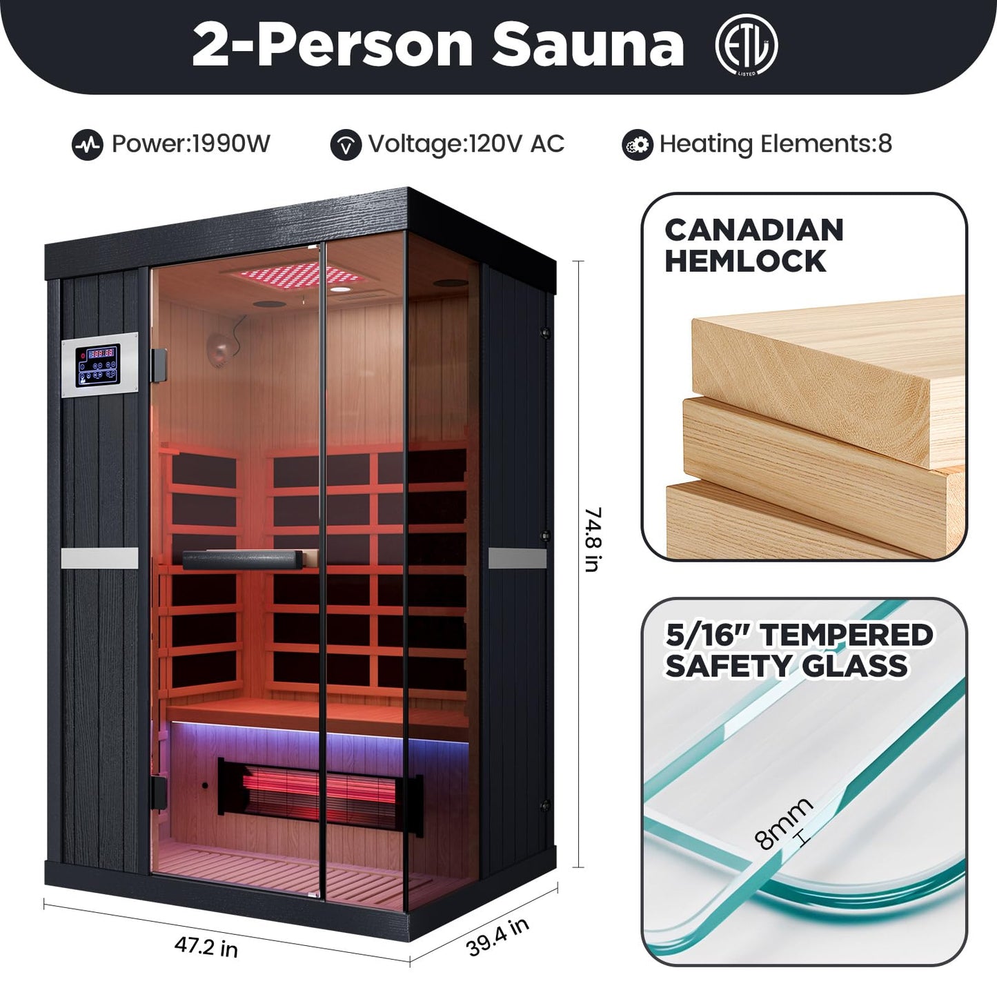 DAIMOT 2-Person Full Spectrum Infrared Sauna, 1990W 120V with 12"*12" Red Light Therapy, 2 Speakers, Indoor Dry Sauna for Home & Gym, Canadian Hemlock Wood