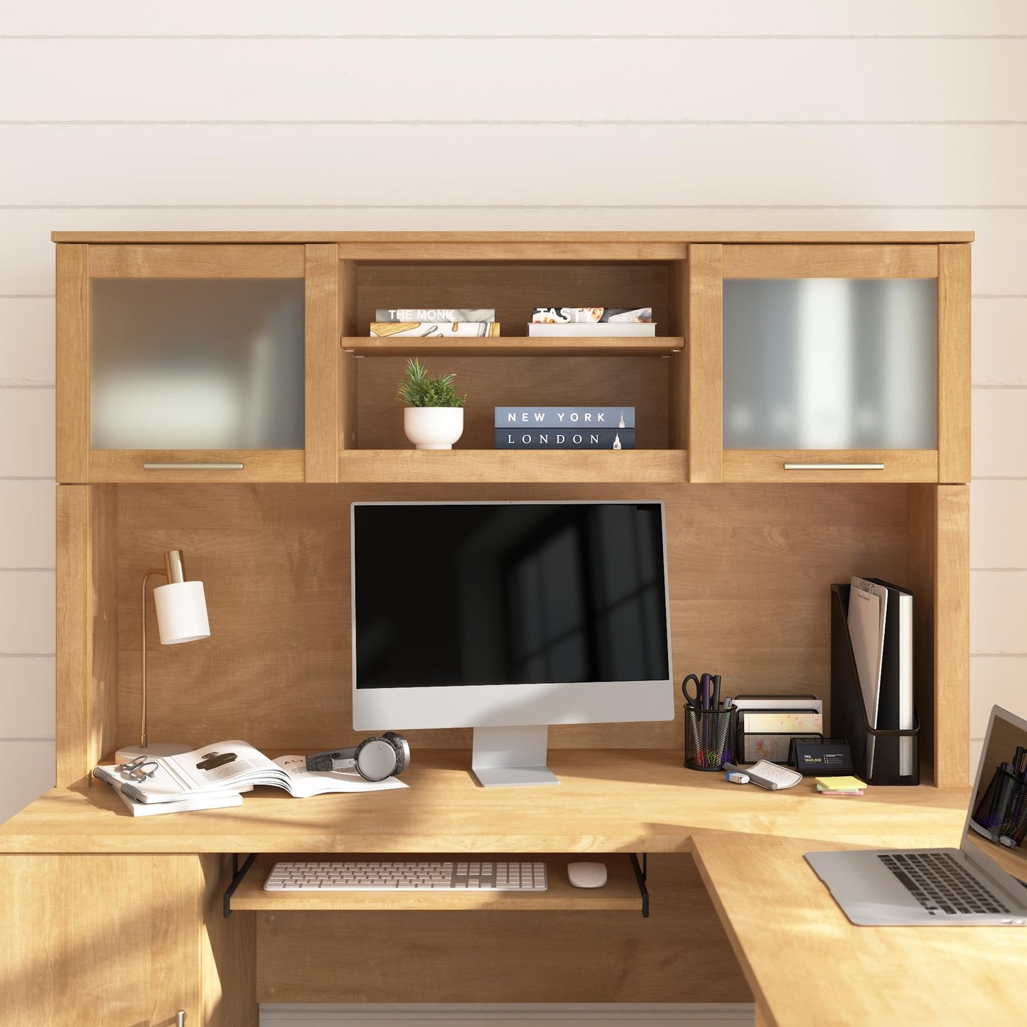 Bush Home 60-Inch Desk Hutch, Office Storage Organizer with Shelves, Cubbies and Frosted Glass Doors for Computer Desk, Home Office Furniture, Somerset Collection, Maple Cross