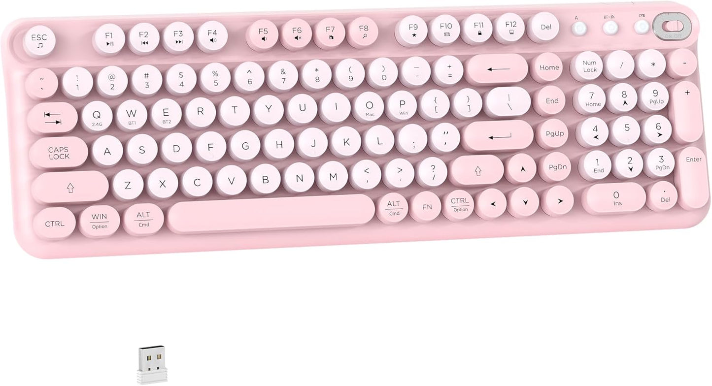Links9+ 2.4GHz Wireless Bluetooth Keyboard, Retro Round Typewriter Keyboard, Dual Mode Bluetooth & Receiver, Compatible