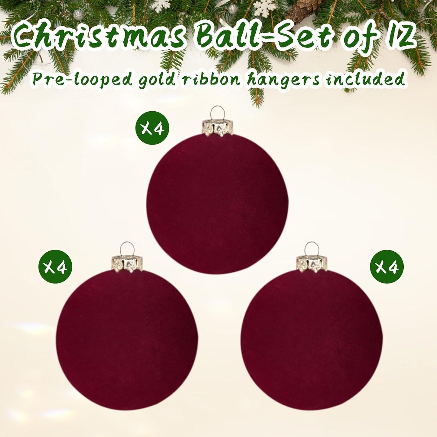 Skiennix 12PCS Velvet Christmas Tree Ornaments - 2.4-Inch Shatterproof Burgundy Balls for Holiday Decor