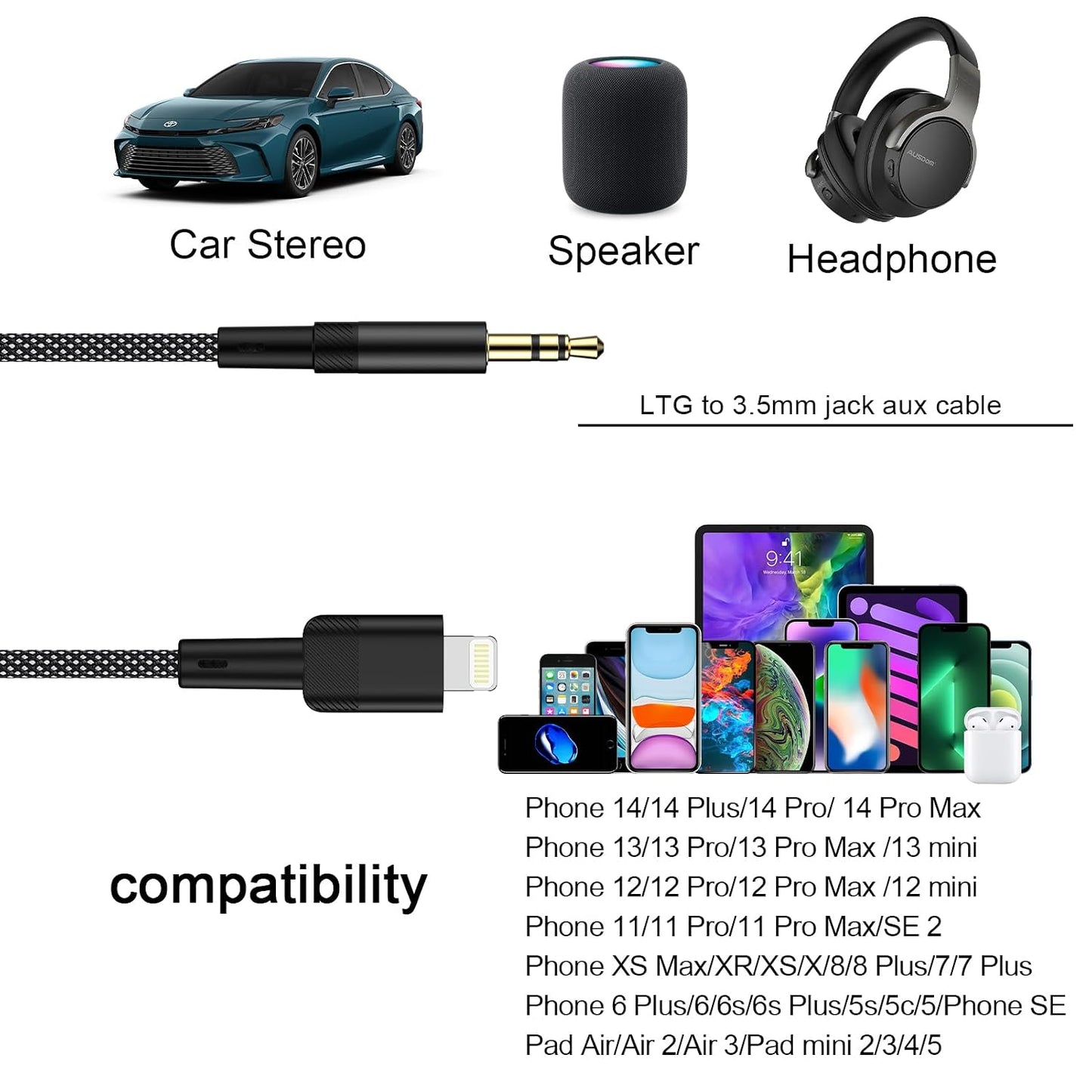 14 14 13 13 13 12 12 11 8 3.5mm 6FT Aux Cable for iPhone Pro Max Plus Pro Max Plus Mini Pro Max Mini XR XS