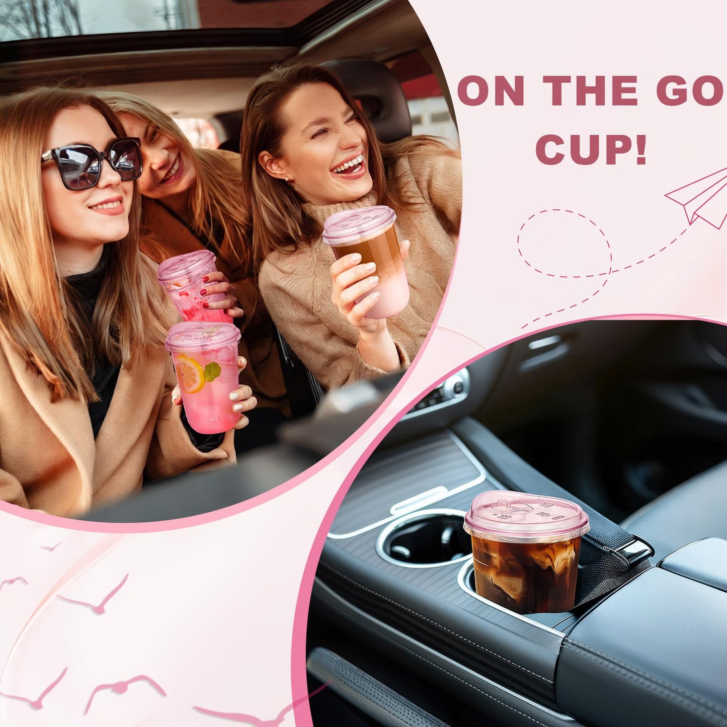 tchrules 100 Set 16oz Pink Plastic Cups with Sip Lids, Disposable Round Bottom Iced Coffee Cup with Lid Pink Clear To Go Drinking Cup Bulk for Cold Drinks Slushie Valentine Bachelorette Party Supplies