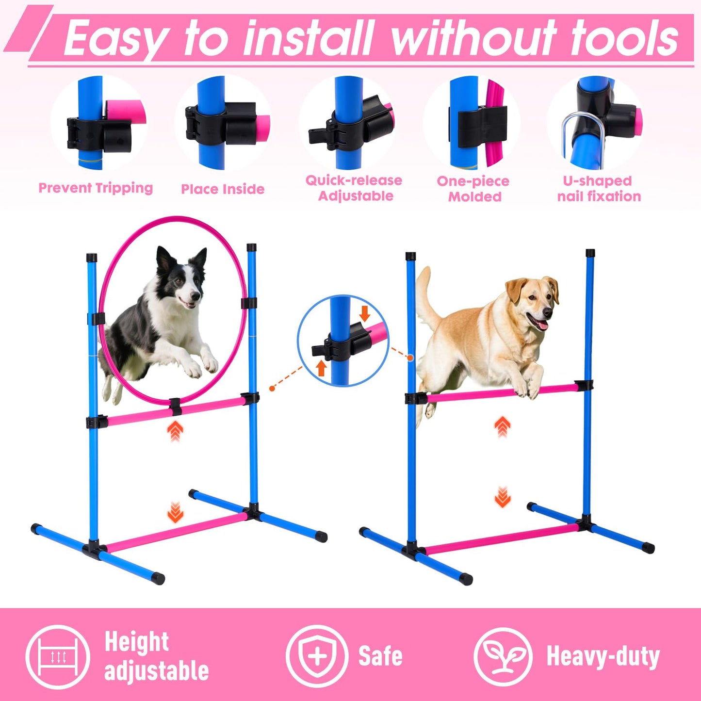 Dog Agility Course Backyard Set, Dog Agility Equipment, Pet obstacle Course Backyard with 6 Dual Mode Weave Poles, 2 Adjustable Hurdle, Jump Ring, Tunnel, Pause Box, Toy Balls and 2 Carrying Bags,Pink