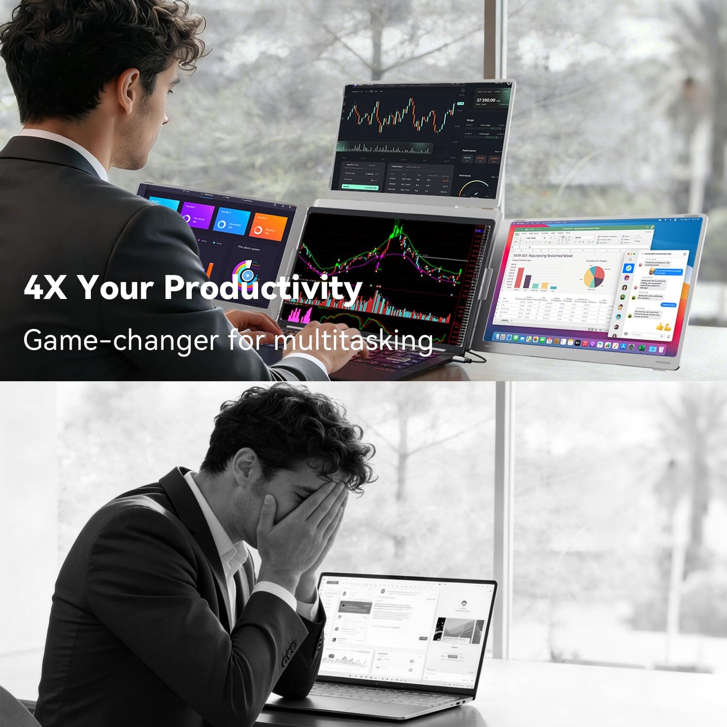 LXU 16" Quad Laptop Screen Extender, 1 Cable for 4 Screens(Quad Monitor), 1200P WUXGA Portable Triple Monitor for Laptops 13~18.5", Auto Sensing Top Screen with Metal Kickstand, Driver Needed, S788