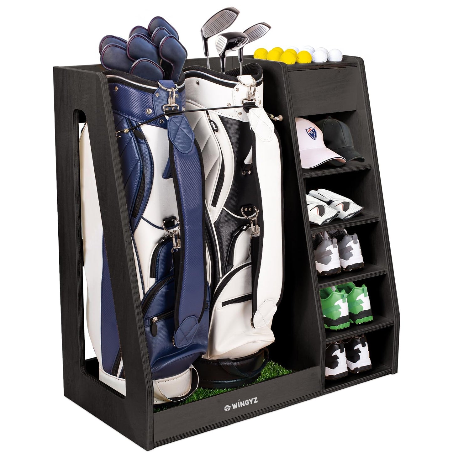 WINGYZ Premium Birch Plywood Golf Bag Storage for 2 Bags | 36lb Rock-Solid Golf Bag Organizer | 7-Shelf Command Center | Artificial Turf 12-Ball Display | No Wall Mounting Required (Black)
