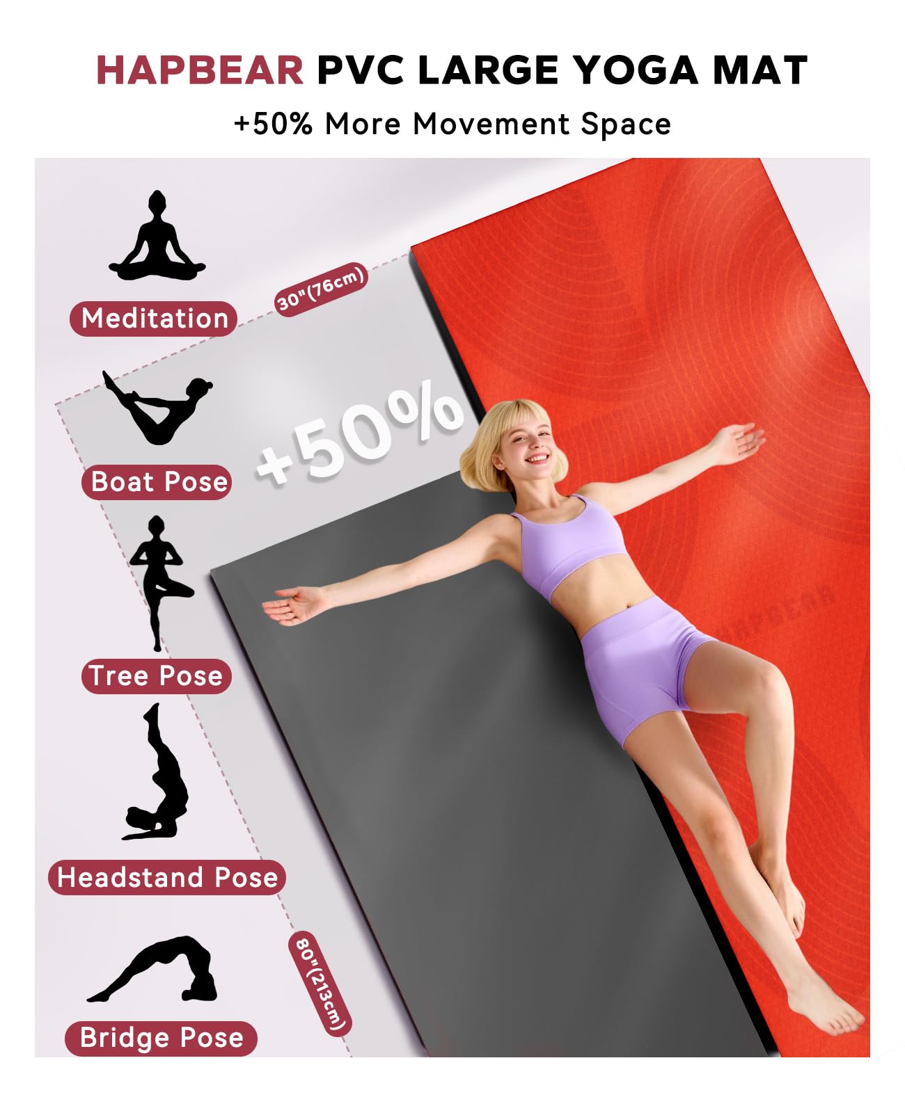 HAPBEAR Extra Large Yoga Mat (84''×30'') - 1/3'' Thick Double-Sided PVC Non-Slip Exercise Mat with High Rebound Cushioning, Dual-Side Usable for Home Gym, Yoga, Pilates & Workouts -Orange
