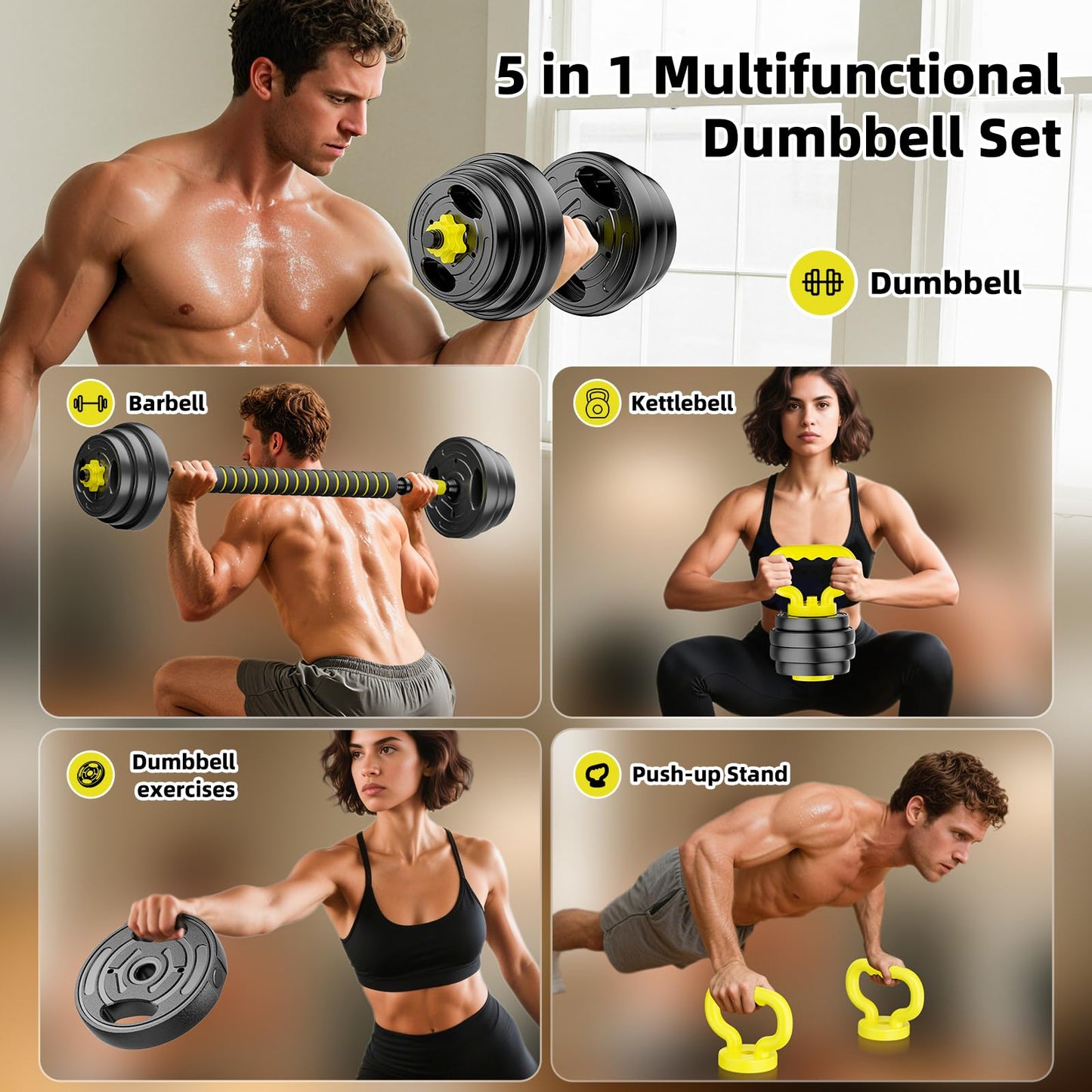 HUAYA Adjustable Dumbbell Set, 10-90lbs Free Weights with Connector – 4 in 1 Dumbbells, Barbell, Kettlebell & Push Up Stand, Adjustable Weights Set for Home Gym Fitness Equipment for Men & Women (Orange 20lbs (10lbs*2))