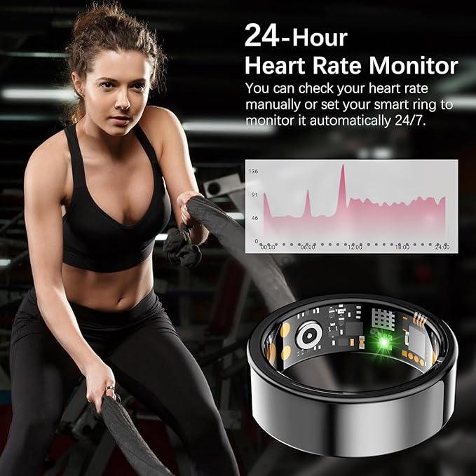 Ring Health Tracker for Women Men, Fit Ring with Heart Rate, Blood Oxygen, Sleep Monitor, Calories, Step Counter, IP68 Waterproof Smart Ring for iPhone & Android, No Subscription Fee (Black, 9#)