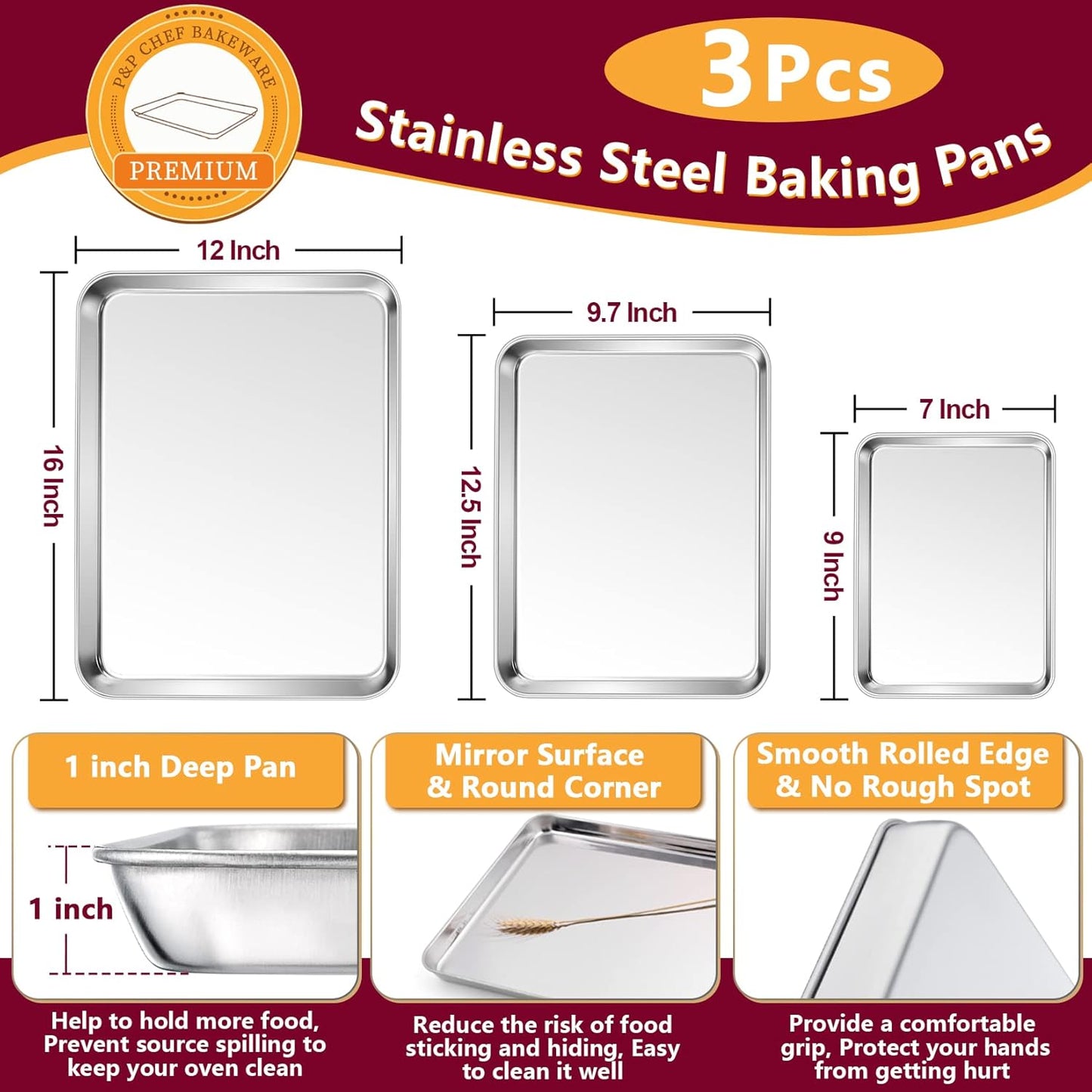 P&P CHEF Baking Sheet Set - Stainless Steel Cookie Sheets with Cooling Racks | 16", 12.5", 9" Sizes