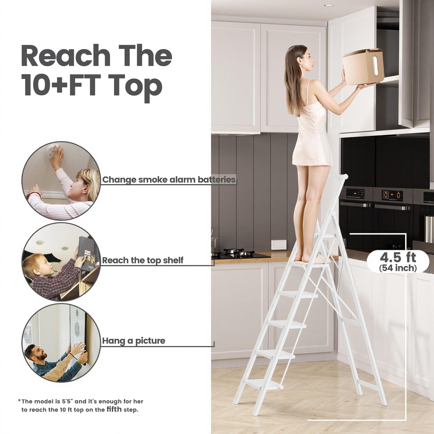 SOLADDER 6 Step Ladder, Folding Step Stool with Handgrip and Anti-Slip Wide Pedal, Portable Lightweight Aluminum Stepladder for Kitchen, Home, Library, Office (300 lbs Capacity) - White