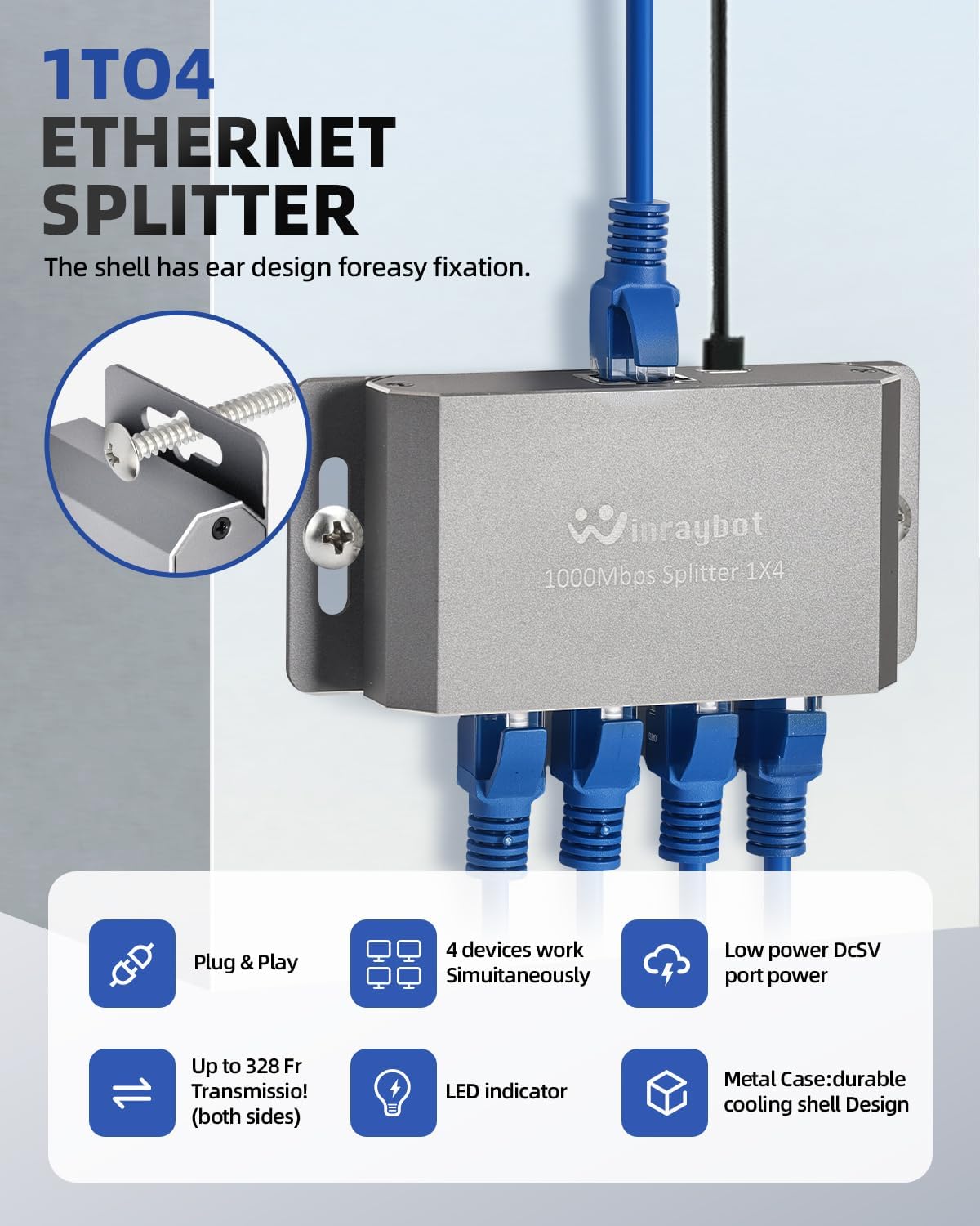 WinRaybot 4 1 4 PS5, 1000Mbps Port Gigabit Ethernet Splitter to - Powered Network Switch with Wall Mount Ears for Home