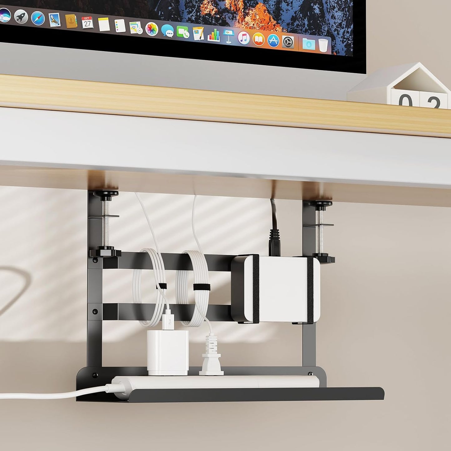 Yecaye Under Desk Cable Management Tray, No Drill Clamp Mount Metal Cable Management Tray with Desk Protection Pads