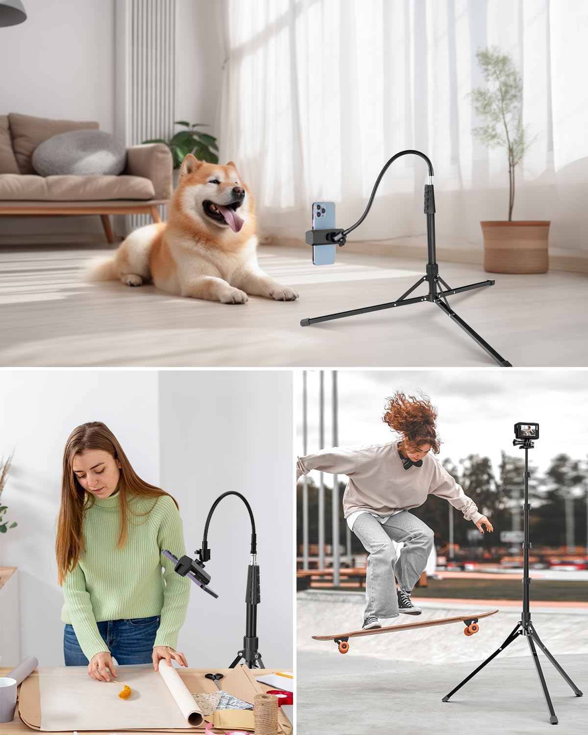 Aureday 92" 15" Phone Tripod, Cell Phone Stand with Gooseneck, Remote and Phone Holder, Overhead & Selfie Stick