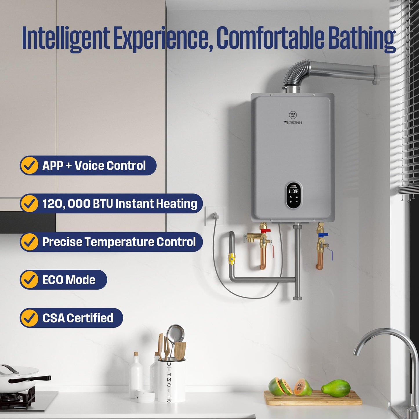 Westinghouse Smart Tankless Water Heater Propane Indoor, 5.1 GPM 120,000 BTU Whole Home Instant Hot Water Heater, WiFi App Control, ±1°F Temperature Stability, Non-Condensing for 2-4 Fixtures