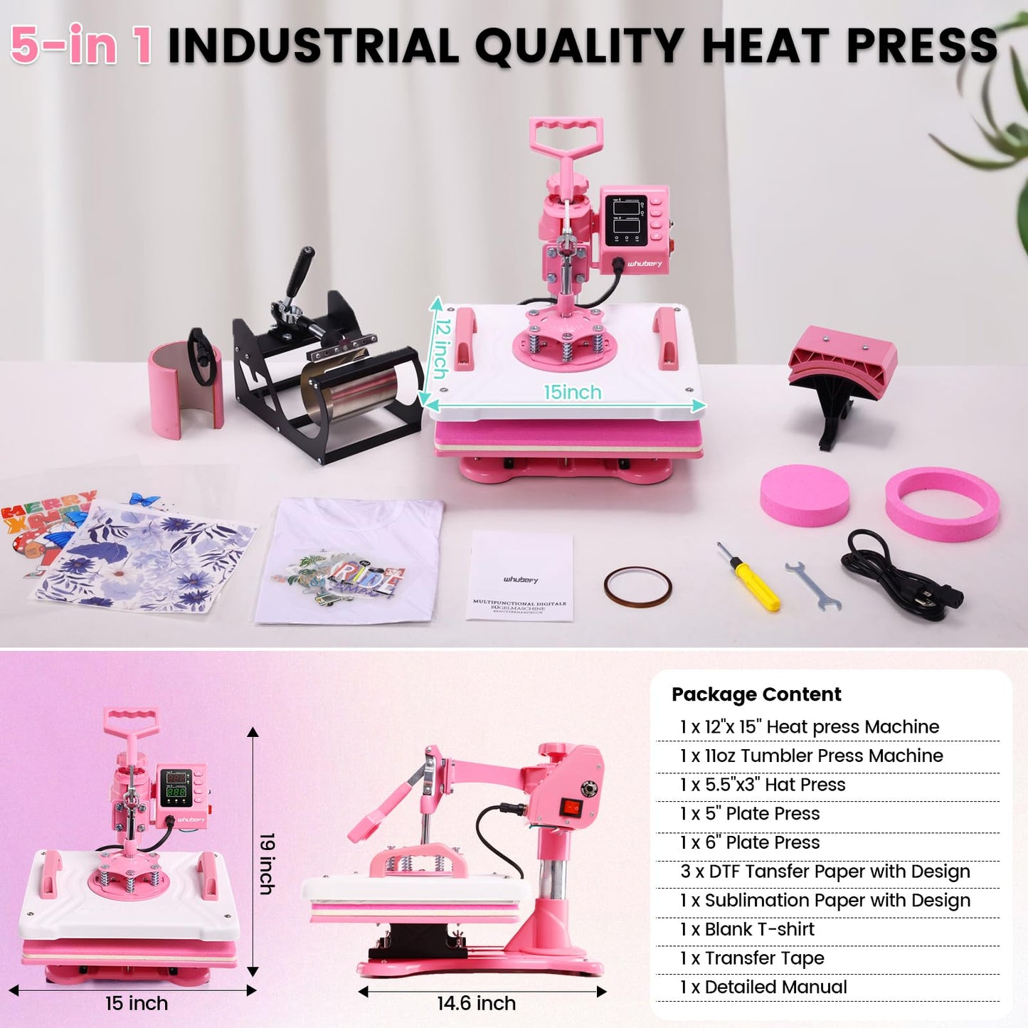 Whubefy Heat Press 12x15 inch 5 in 1 Combo with Mug Press, 360° Swing Away Digital Shirt Press Machine, Industrial-Quality Heat Transfer Sublimation for T-Shirt/Tumbler/Mug/Hat/Cap/Plate