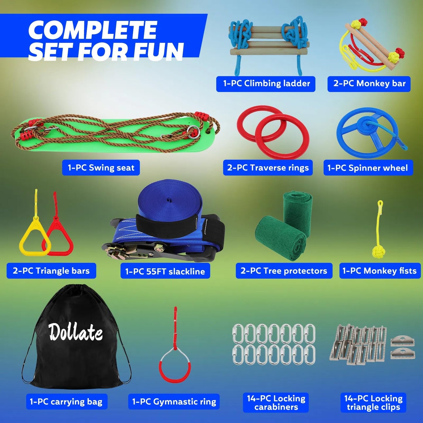 Dollate Ninja Warrior Obstacle Course for Kids - 65 FT, Outdoor Obstacle Course 13 Accessories, Swings, Monkey Bars, Arm Trainers - Suitable for Boys and Girls 3+ - 440 lbs Capacity