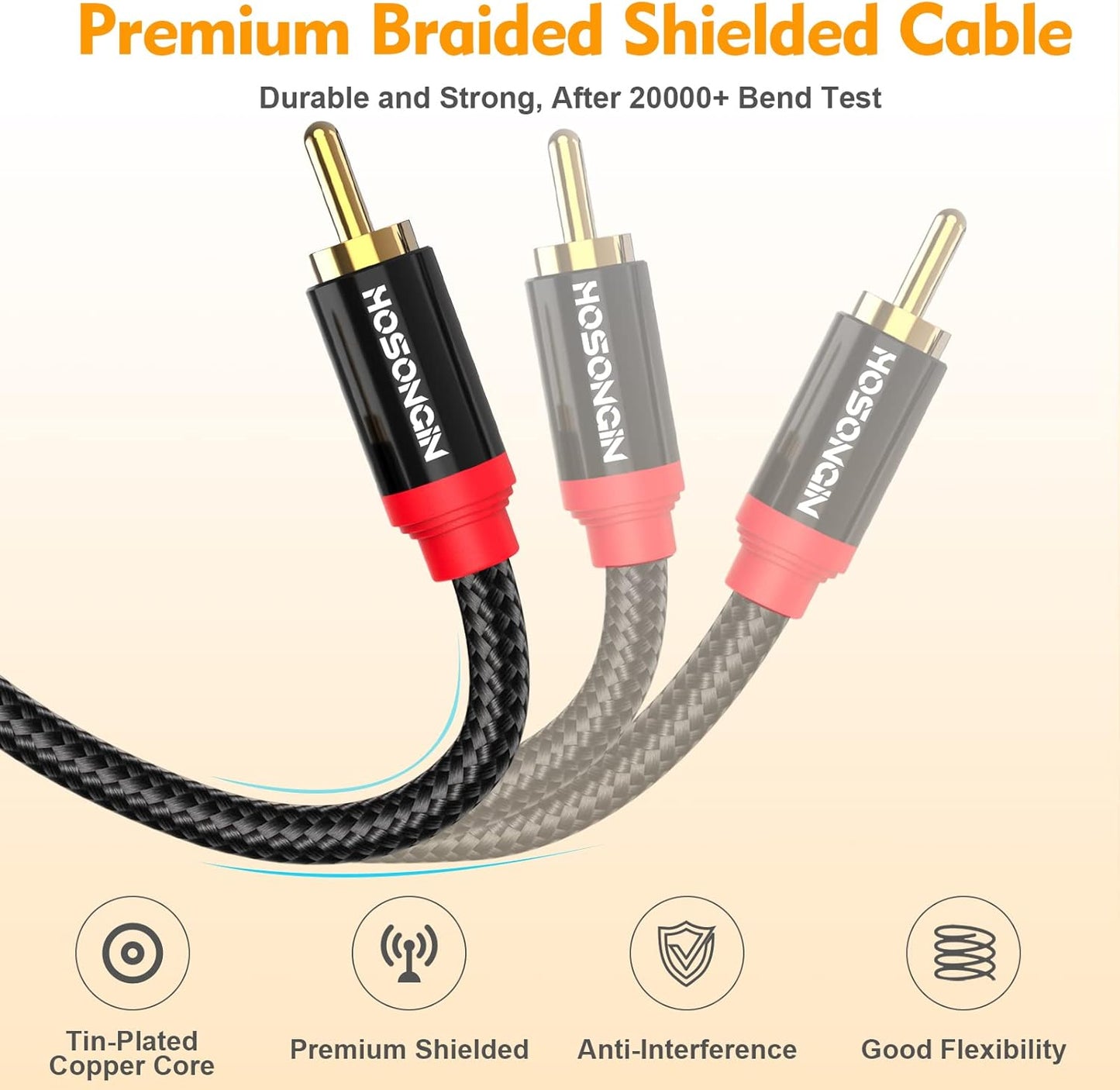 3.3ft 2 Pack[Hi-Fi 2-Male 2-Male HOSONGIN RCA Cables Sound, Nylon Braided, Shielded], to RCA Audio Stereo Subwoofer