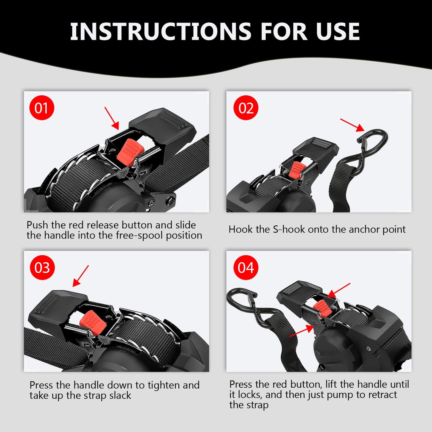Retractable Ratchet Straps (4 Pack) - 1" x10 ft Heavy Duty with Auto Retract, Safety Lock Hooks & 1650 lb - Soft Loops + Bungee Cords for Truck, Trailer, Motorcycle, ATV, UTV, Moving