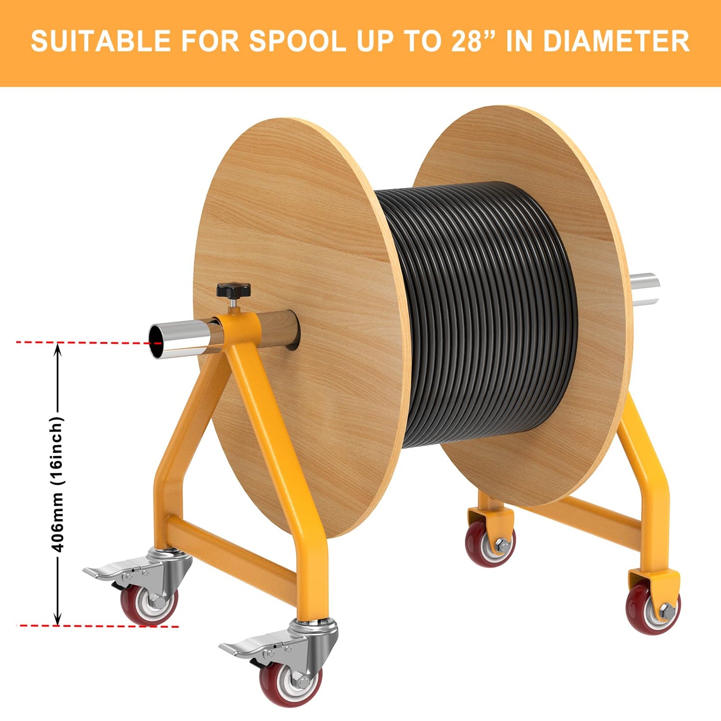Insaga Wire Spool Rack & Holder, 220LB Capacity Cable Caddy with 4 Locking Swivel Casters, Yellow Powder Coated Steel Wire Spool Holder for Workshop, Garage, Up to 28'' in Diameter (No Rod)
