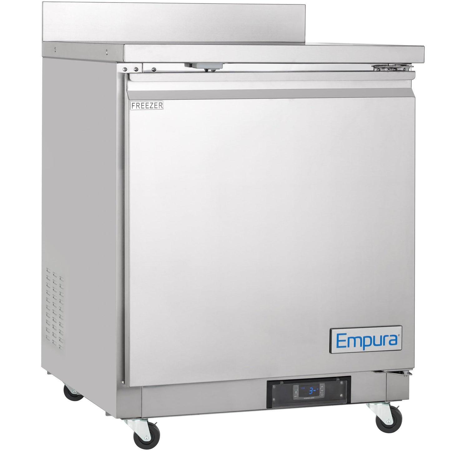 EMPURA 28" Undercounter Reach-in Freezer with One-Swing Solid Door | Work-Top Refrigerator Fridge for Cafeteria Diner | 5.4 Cu. Ft. | 27.8"W x 29.9"D x 35.5"H, Stainless Steel Exterior, 115V, NSF