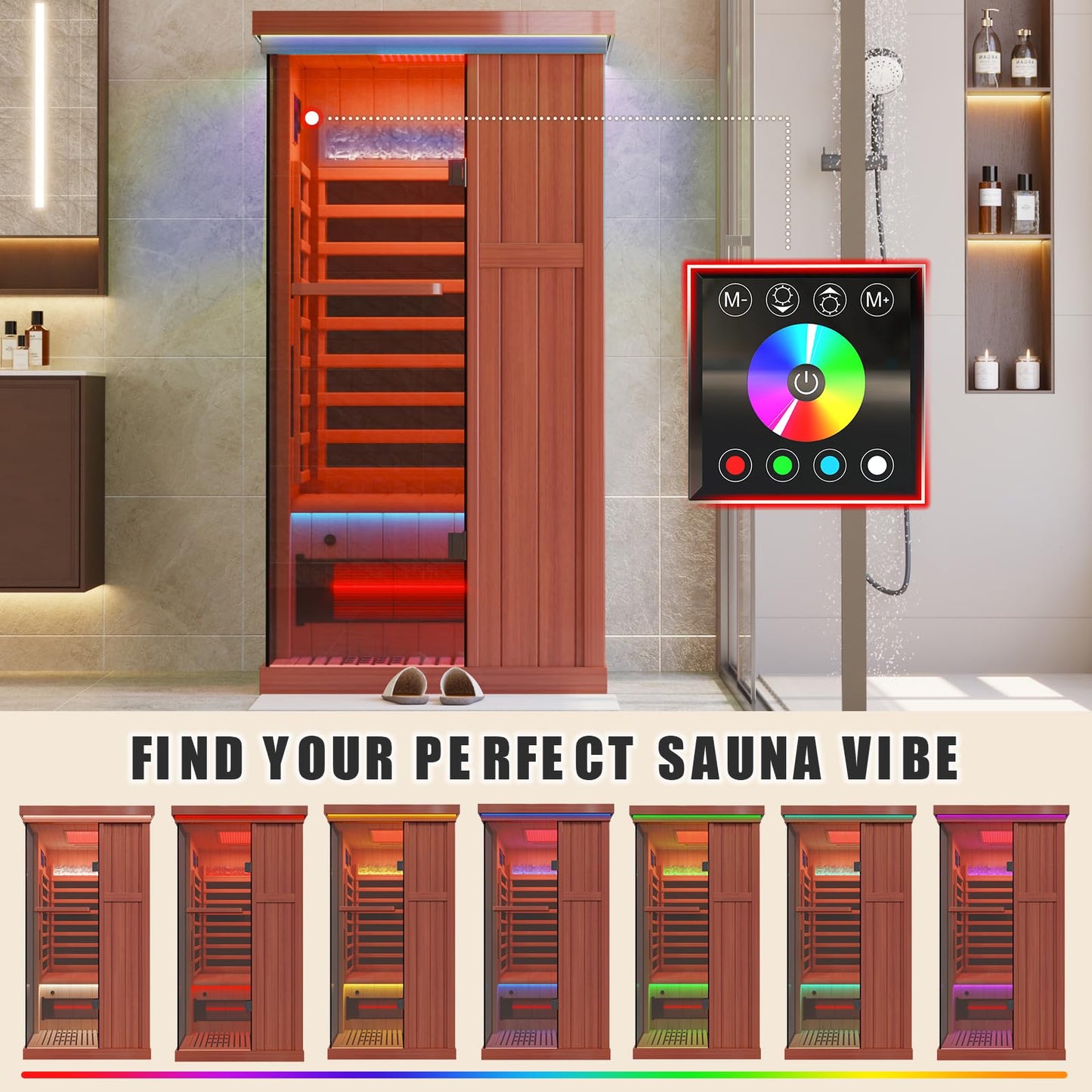 MEISSALIVVE Full Spectrum Infrared Sauna，1 Person Home Sauna， Red Cedar Indoor Spa Sauna with Resonance Speaker and Tempered Glass