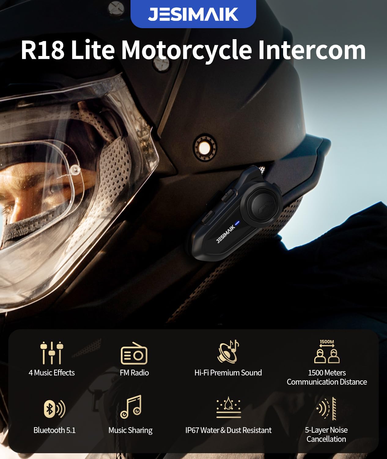 JESIMAIK Motorcycle Bluetooth Headset,2 Way Helmet Intercom Communication System, CVC8.0 Noise Cancellation Motorcycle Intercom with 2 Mics&40mm Speaker,Music Sharing, IP67 Waterproof, FM Radio(2Pack)