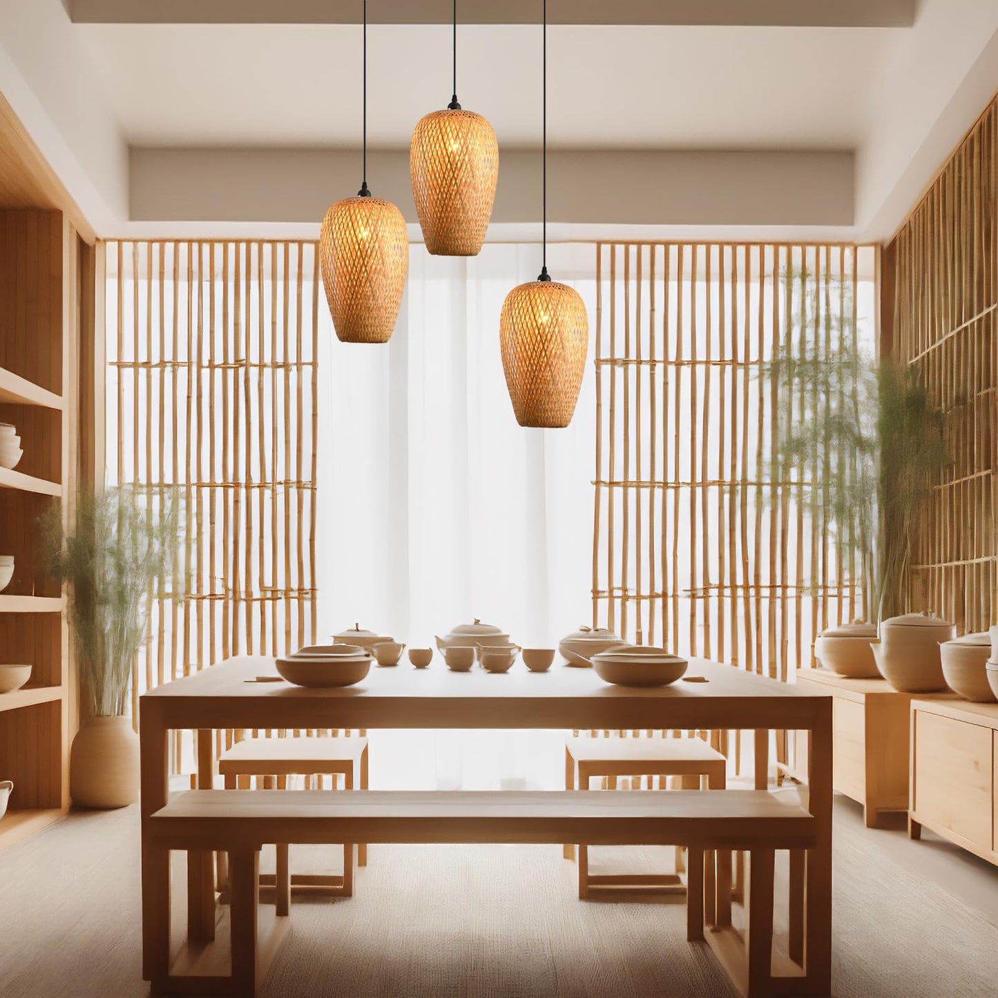 Teru Ji Kaikang Bamboo Lamp Shade, 2-Pack Hand-Woven Bamboo Rattan Hanging Light Shade,D 9.05" Rattan Table Lamp Shade for Floor Lamp, Wall Sconces Light Cover Table Light,Pendant light