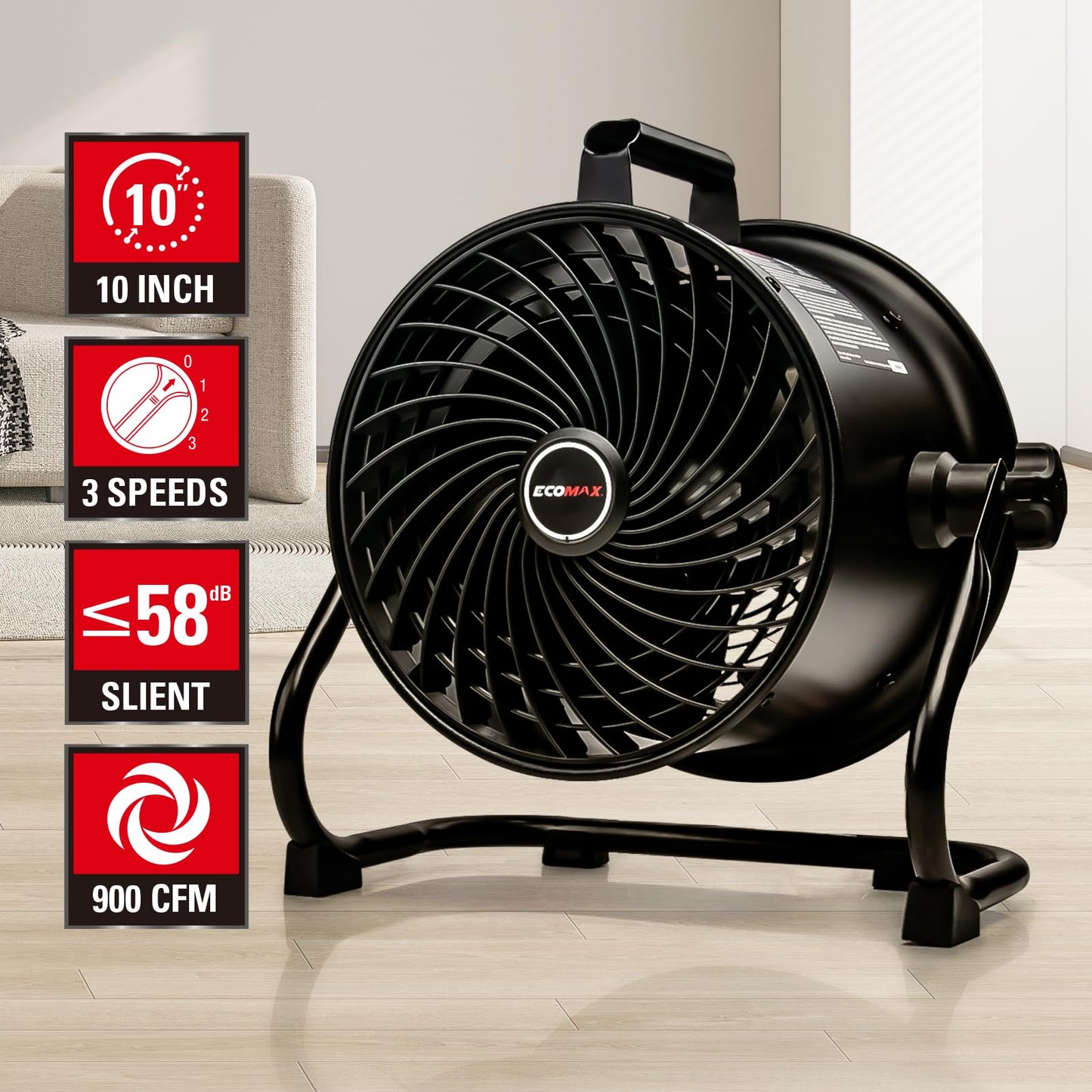 ECOMAX 10-Inch Drum Fan, 900CFM 3-Speed Industrial Floor Fan with 360° Tilt Head, 85W 120V Aluminum Blade Shop Fan for Garage Workshop Basement Patio, UL Certified, 8.6 LBS