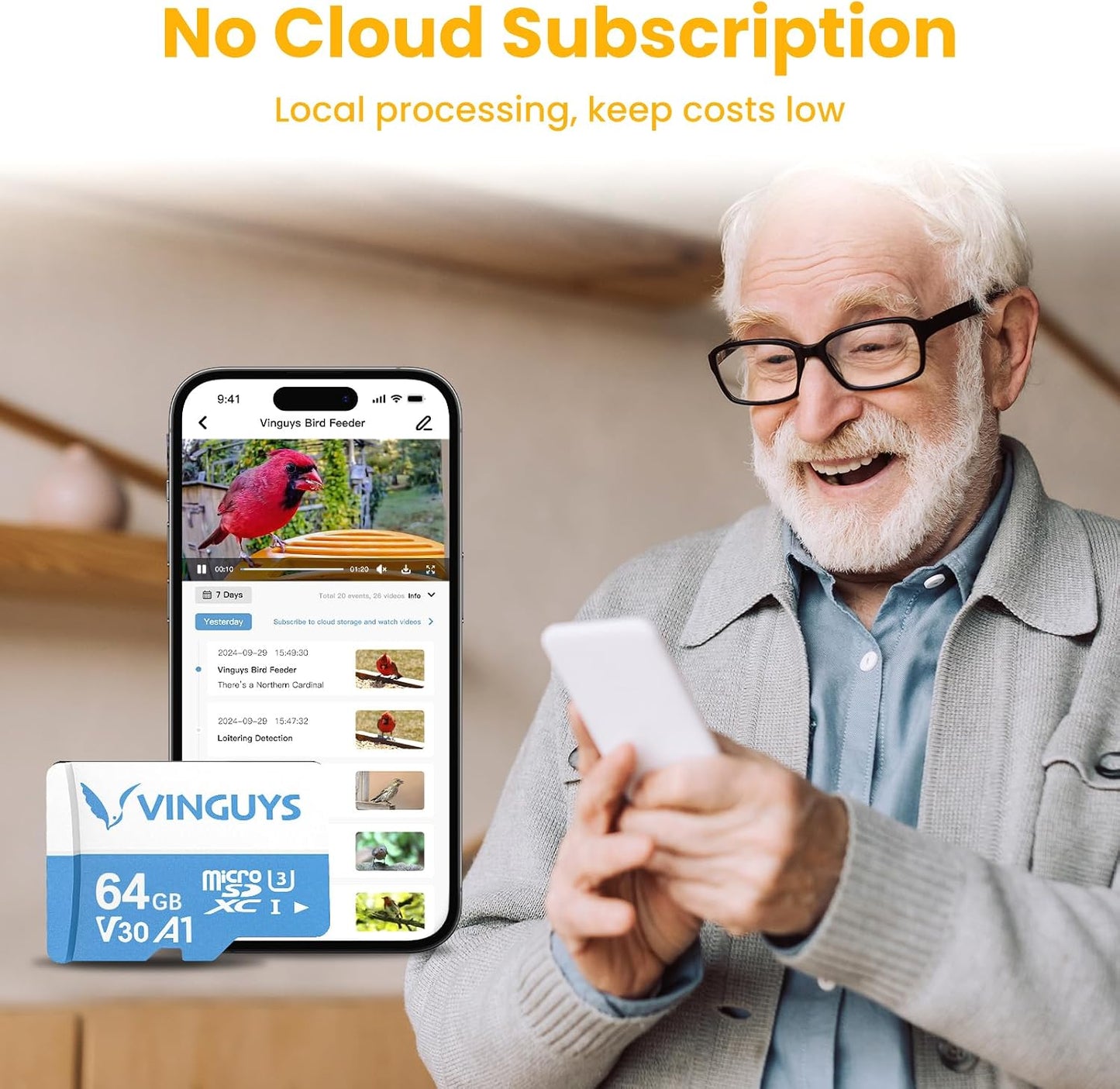 WLNYUGS 64GB 4K to100MB/s, U3, V30, A1, TF Card, No Cloud Subscription Needed Anymore, Ideal for Bird Feeder Camera, Up