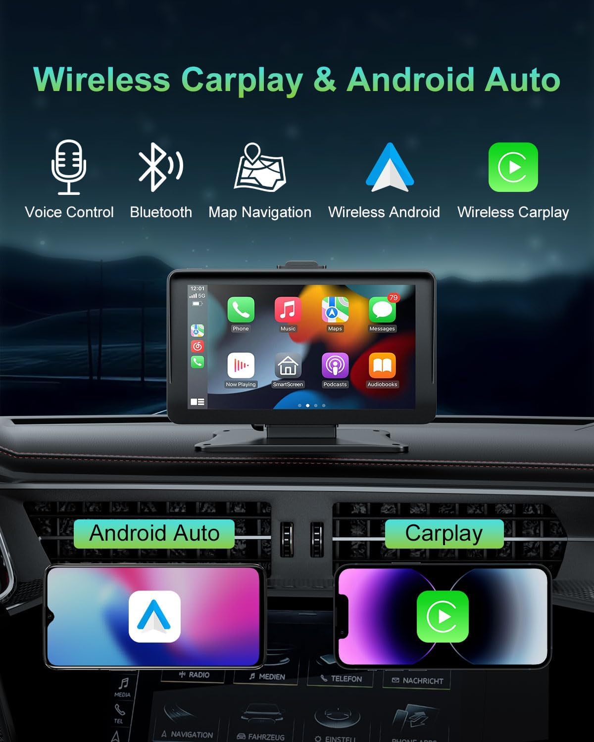 25HOURS 7" 1080P Apple Carplay Screen for Car, HD Portable Wireless Apple Carplay & Android Auto Touchscreen
